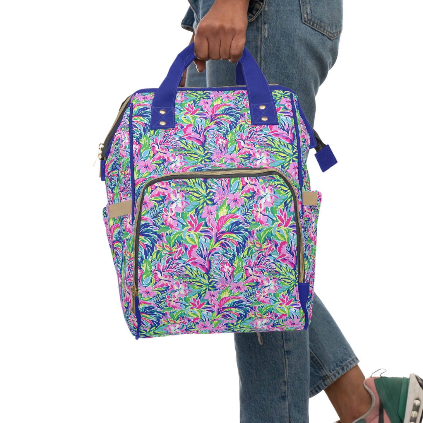 Tropical Serenity: Pink, Green, and Blue Watercolor Floral Delight Multifunctional Diaper Backpack