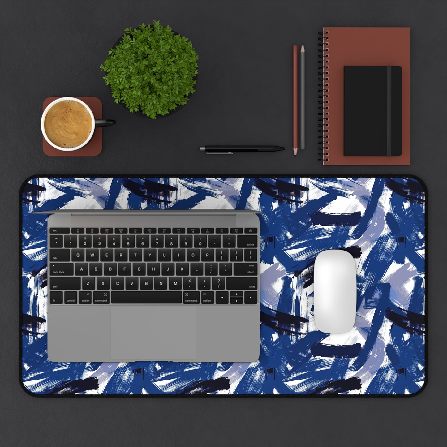 Midnight Frenzy Bold Abstract Brush Strokes in Shades of Deep Blue and White Gaming Mouse Pad  Desk Mat  - 3 Sizes