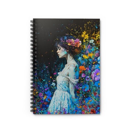 Young Girl in White Dress Amidst a Garden of Floral Blooms  - Spiral Notebook Ruled Line 6"x8"