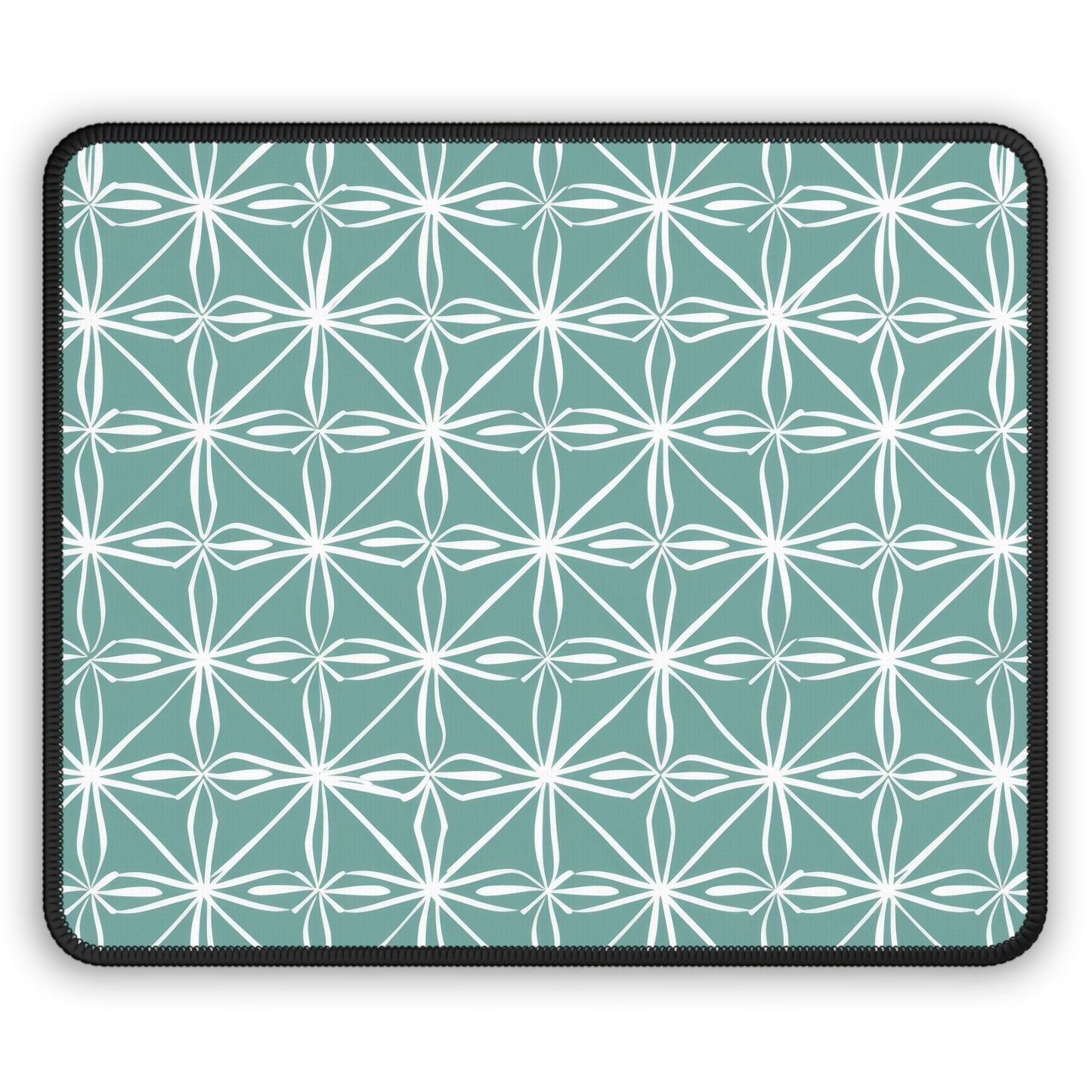 Elegant Minimalist Geometric Line Art in White and Teal Pattern Gaming Mouse Pad with Finished Edges