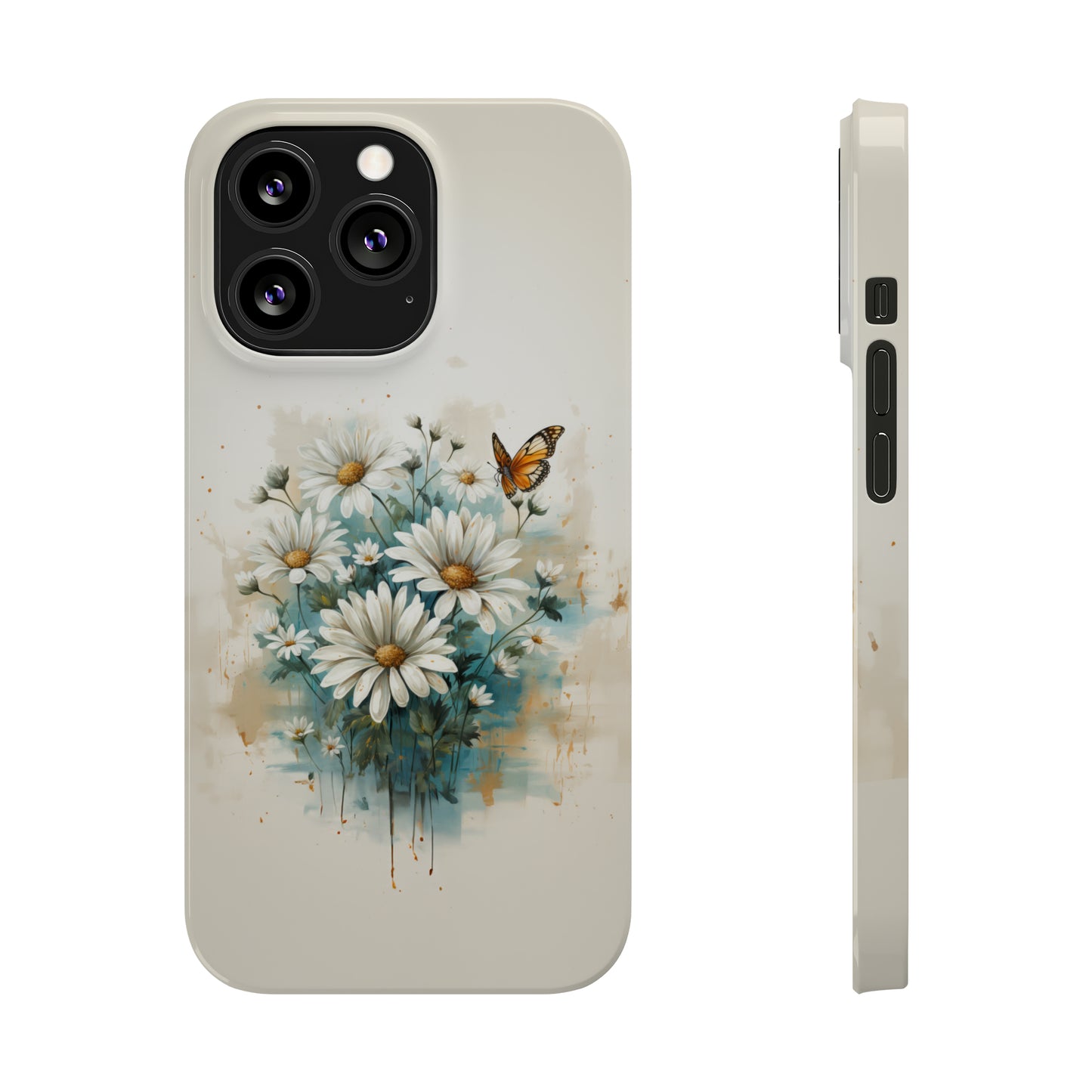 Rustic Farmhouse Teal and White Wild Daisies and Butterflies Iphone 15-12 Slim Phone Case