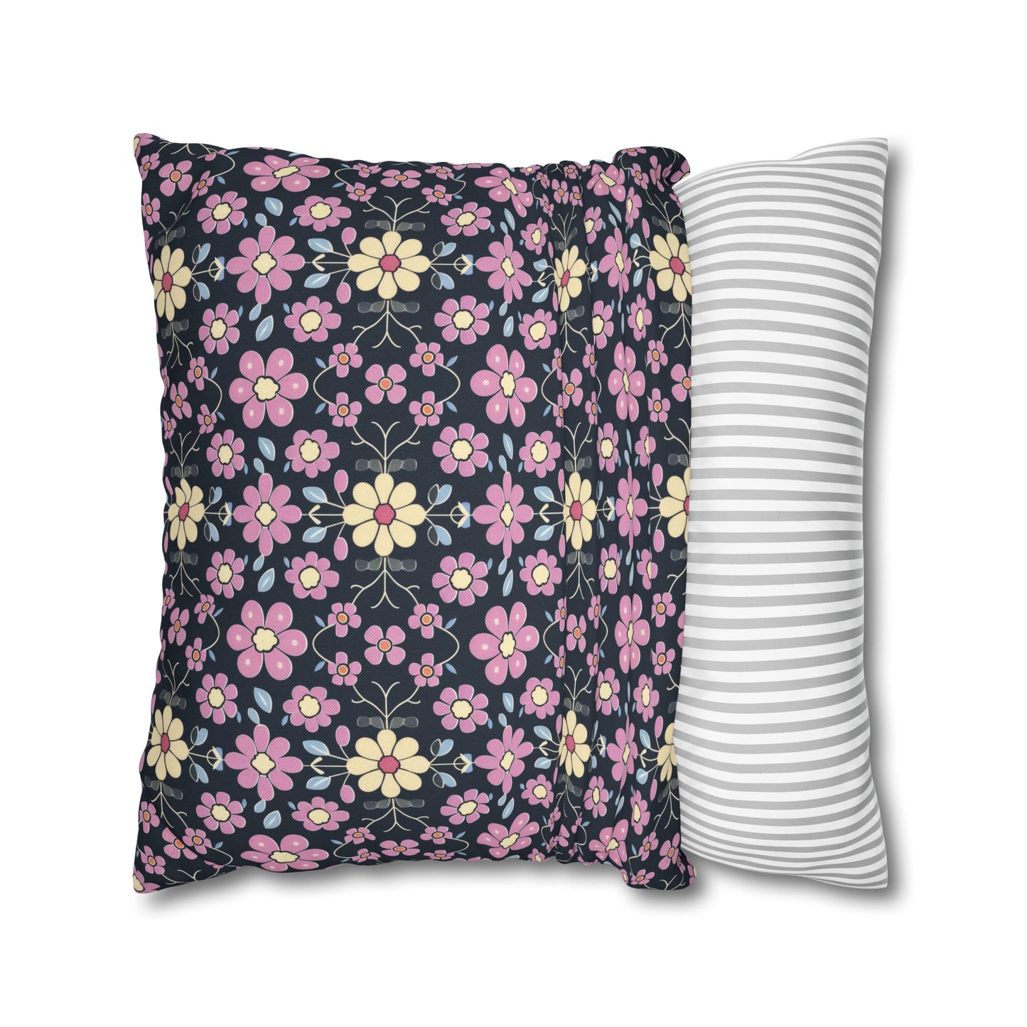 Charming Pastel Pink and Yellow Flowers on Navy Blue Background Spun Polyester Square Pillowcase 4 Sizes