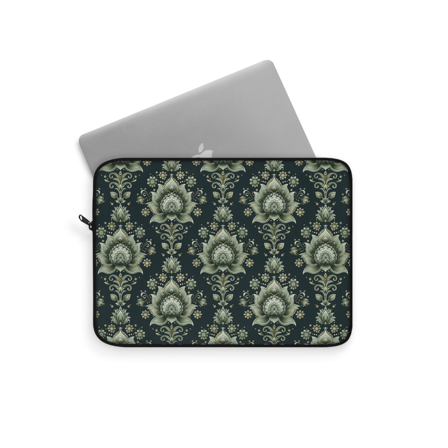 Ornate Green Mandala with Golden Accents on Dark Background Laptop or Ipad Protective Sleeve 3 Sizes Available