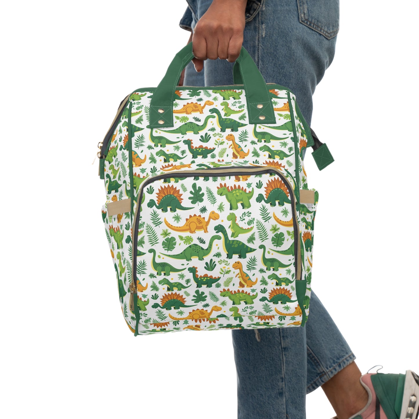 Jurassic Joy: Playful Dinosaurs in Lush Greens and Deep Golds Multifunctional Diaper Backpack