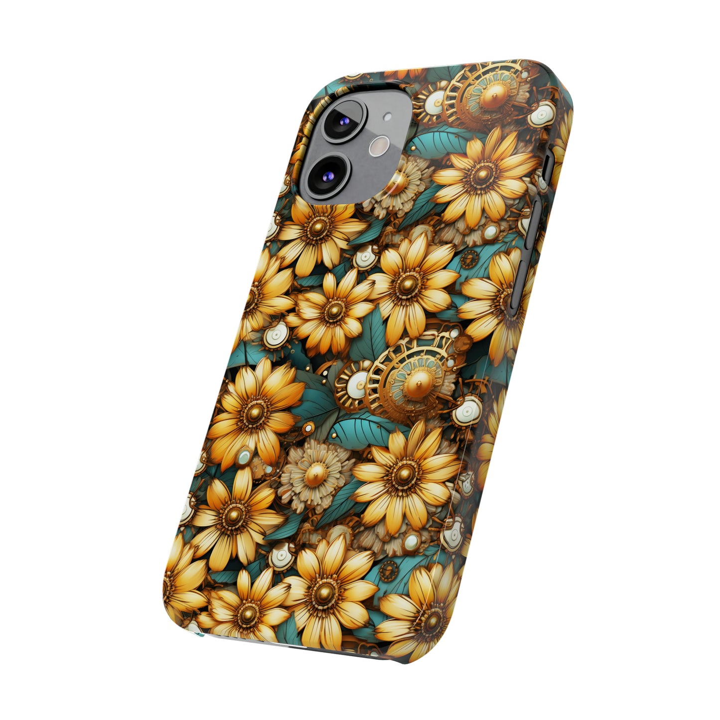 Victorian Steampunk Gold Flowers Teal Background with Gears and Mechanical Elements Iphone 15-12 Slim Phone Case