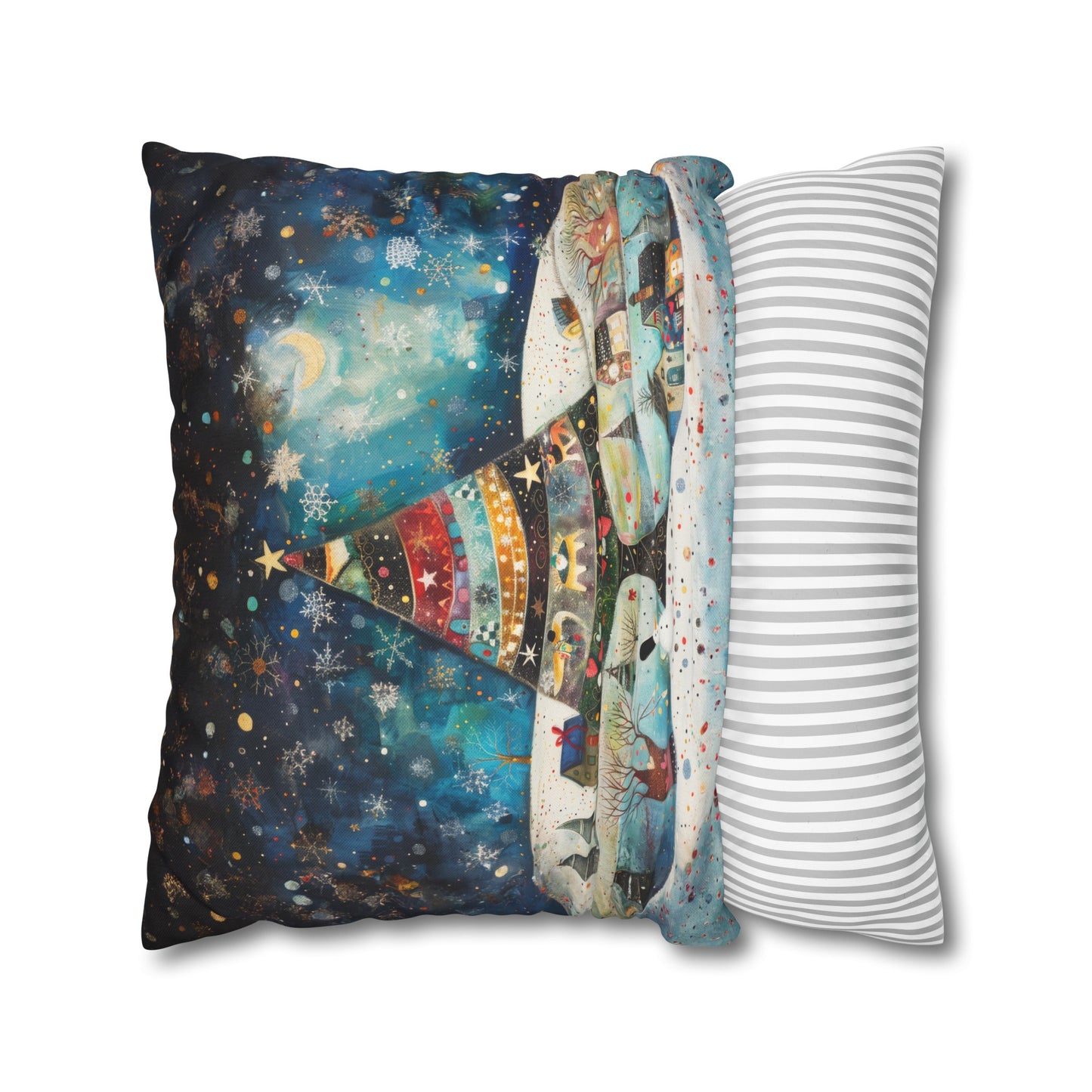 Twilight Treasures: Folk Art Christmas Tree Adorning a Town at Night Spun Polyester Square Pillowcase 4 Sizes