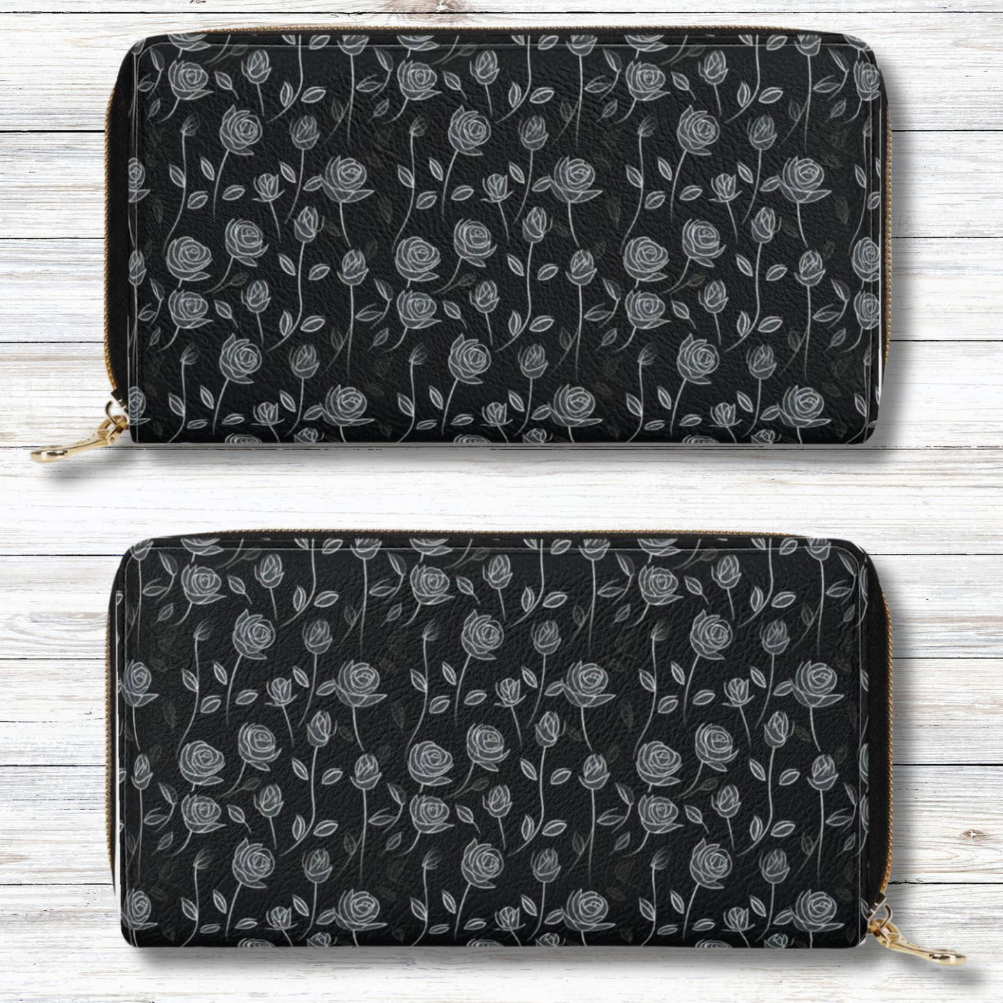 Contrasting Elegance: White Outlined Roses on a Black Background Leather Wallet (PU)
