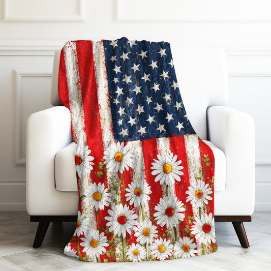 American Flag with Spring Daisies Print Velveteen Plush Blanket 3 Sizes