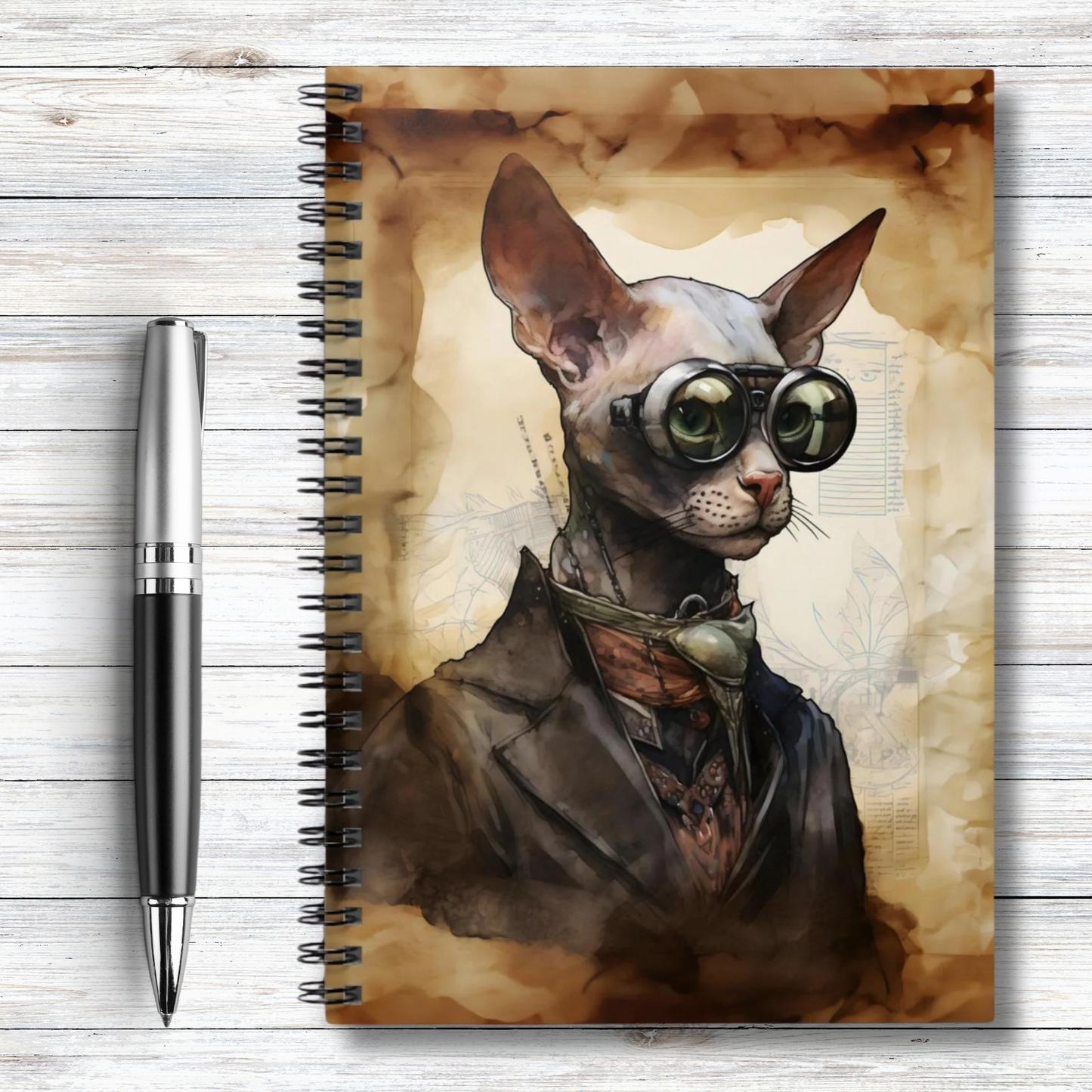 Steampunk Vintage Dressed Hairless Cat with Goggles - Spiral Notebook Ruled Line 6"x8"