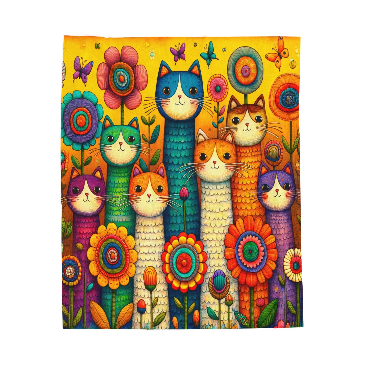 Tall Cats and Flowers Print Velveteen Plush Blanket 3 Sizes