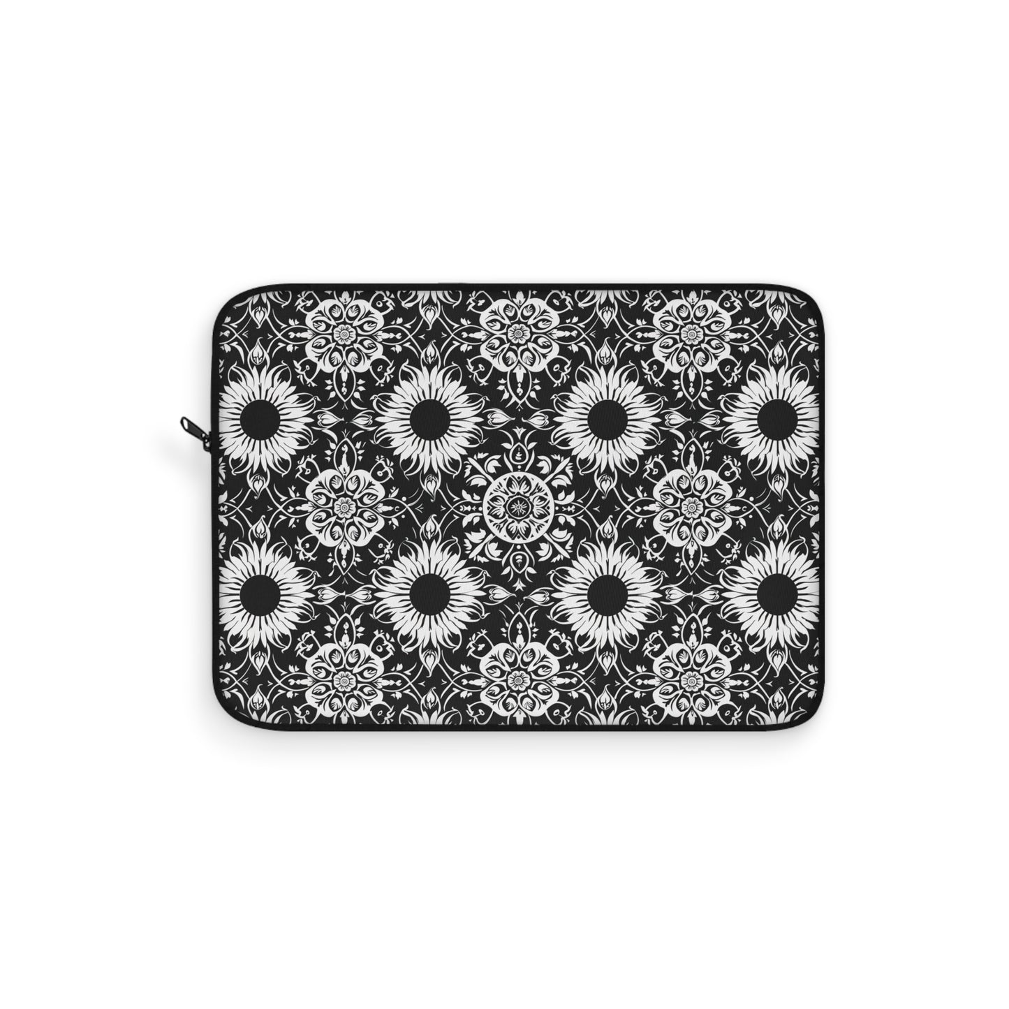 Elegant Mandala Design with Black and White Sunflowers Laptop or Ipad Protective Sleeve 3 Sizes Available