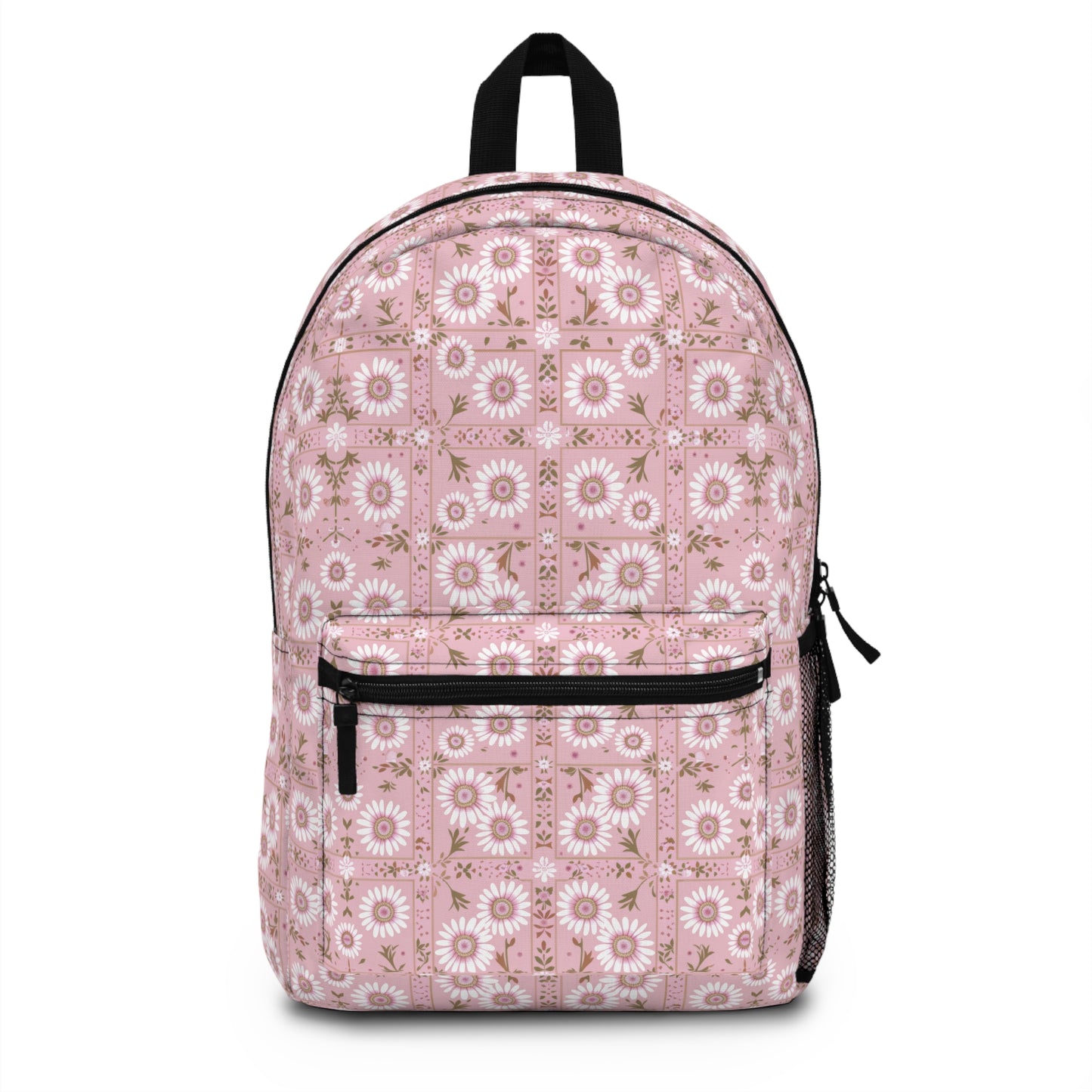 Charming Daisy Pink and White Floral Tile Pattern Lightweight Stylish Durable Backpack (Made in USA)