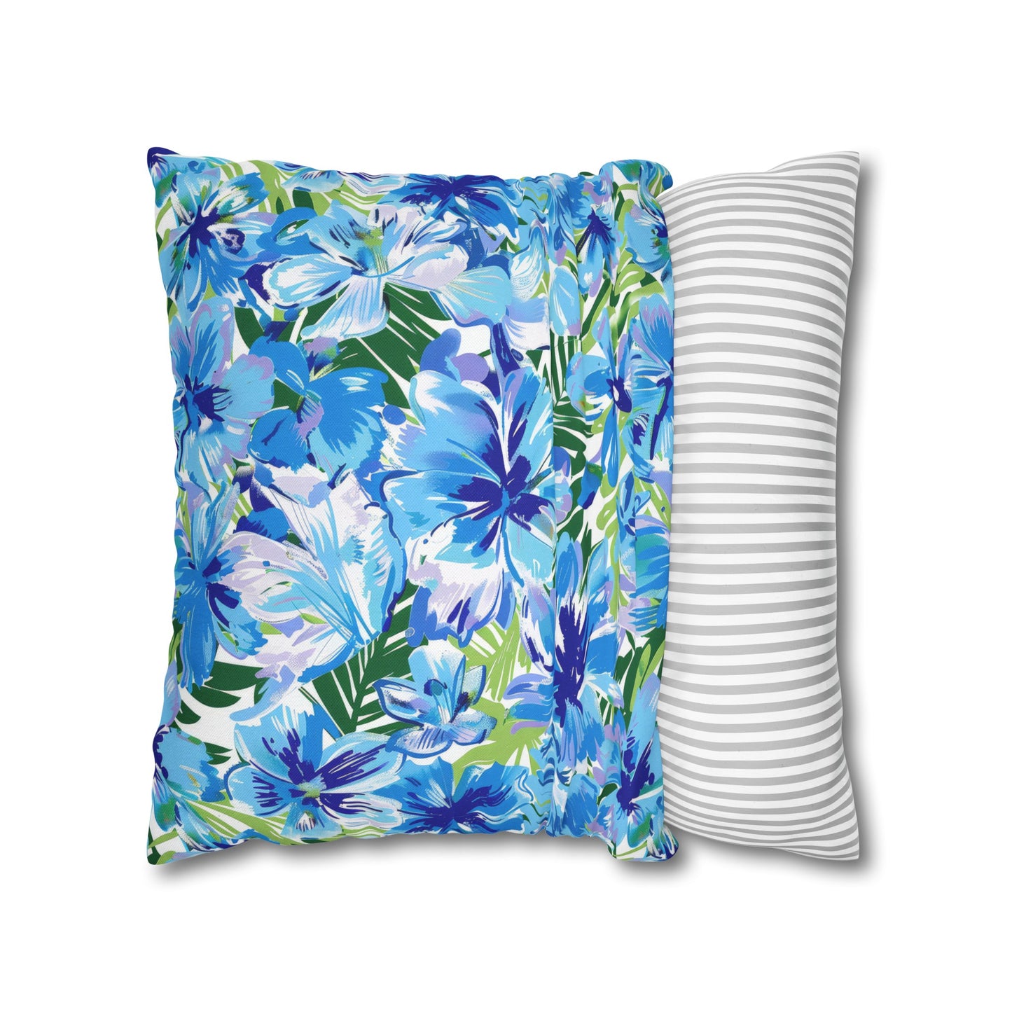 Azure Bloom Oasis: Bright Blue Large Flowers with Lush Green Palm Leaves Spun Polyester Square Pillowcase 4 Sizes