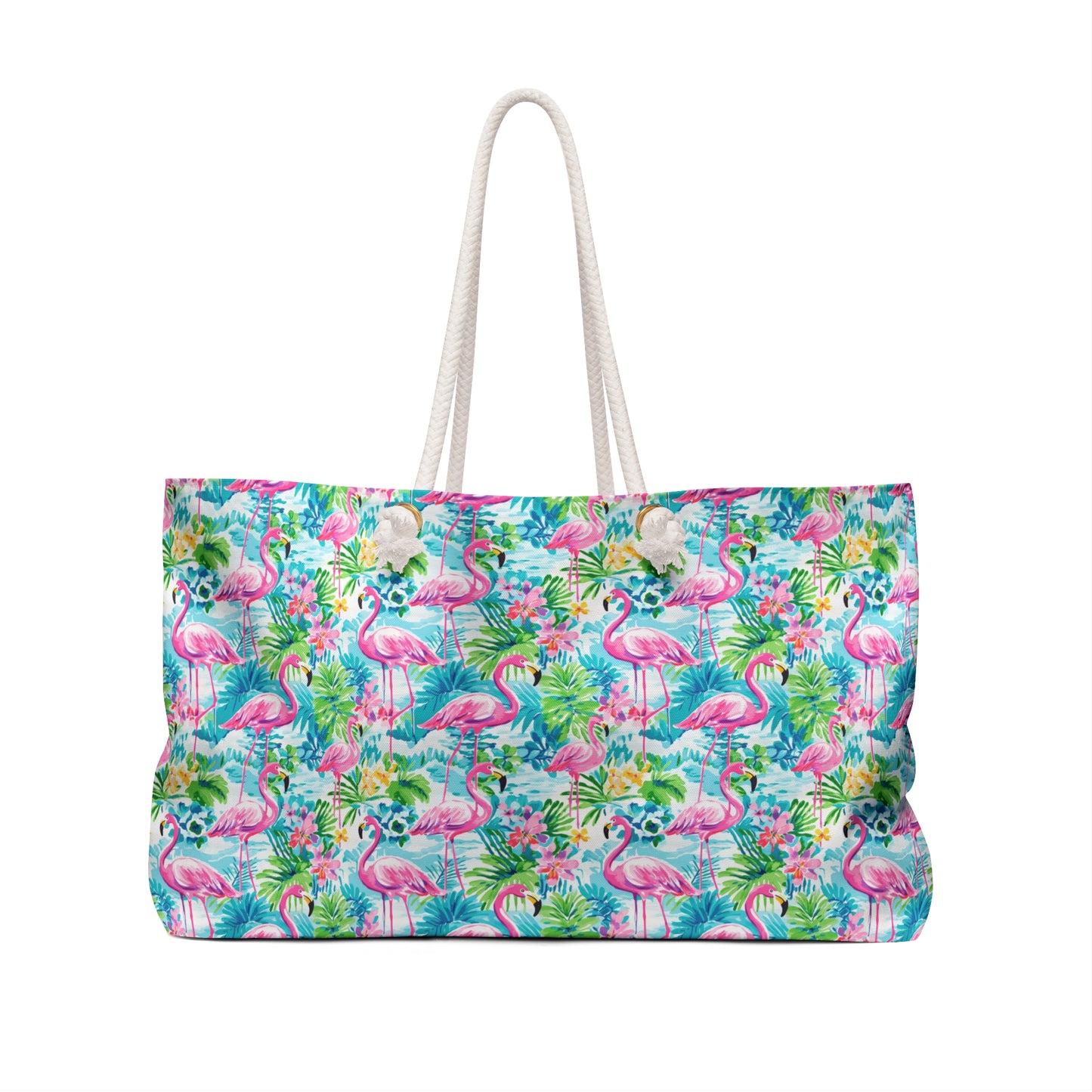 Tropical Flamingo Haven: Surrounded by Flowers and Palm Trees Oversized Weekender Bag