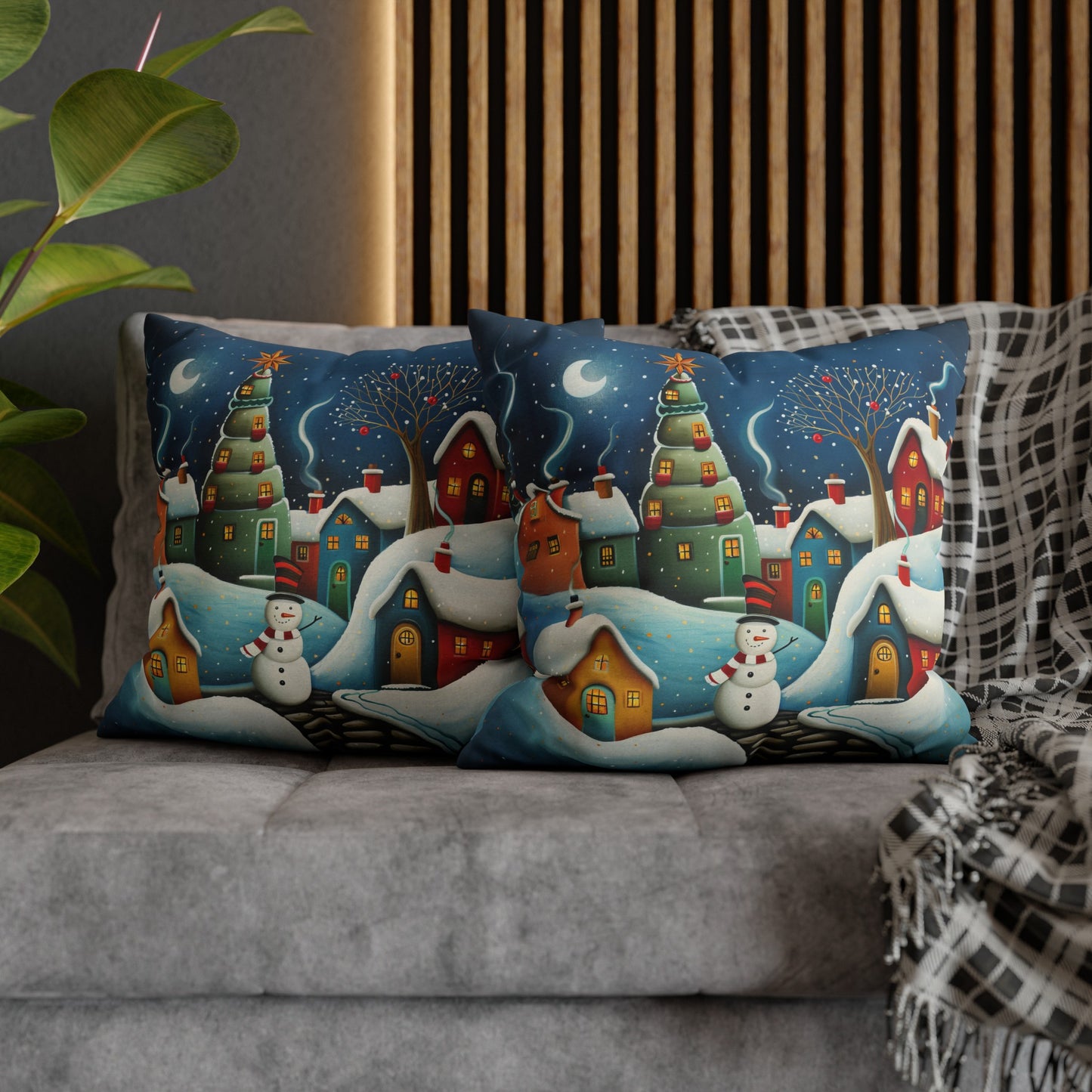 Starry Snowman Serenade: Village under a Starry Night Sky Spun Polyester Square Pillowcase 4 Sizes