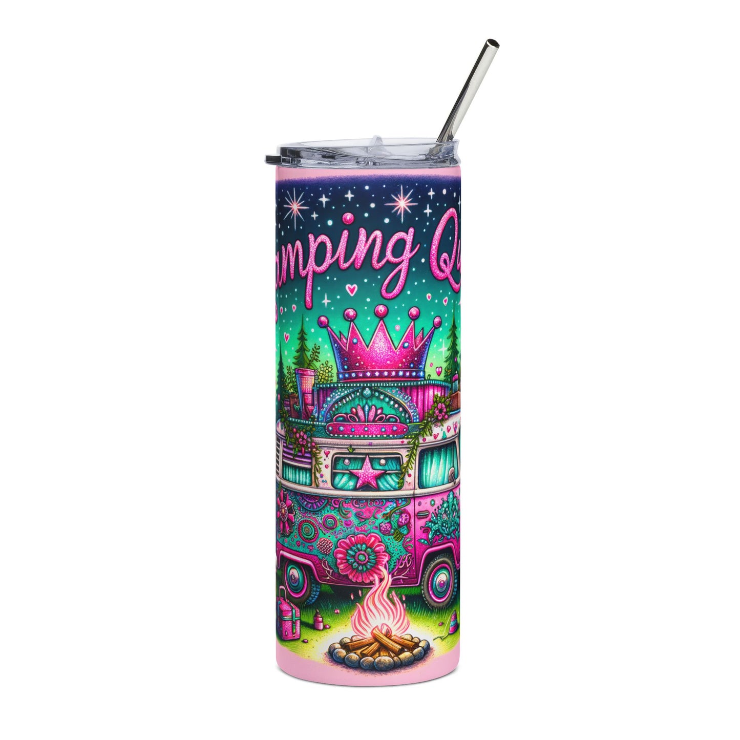 Camping Queen Tumbler Wrap Outdoor Camping Lover, Camper Van Seamless Design 20 oz Skinny Tumbler