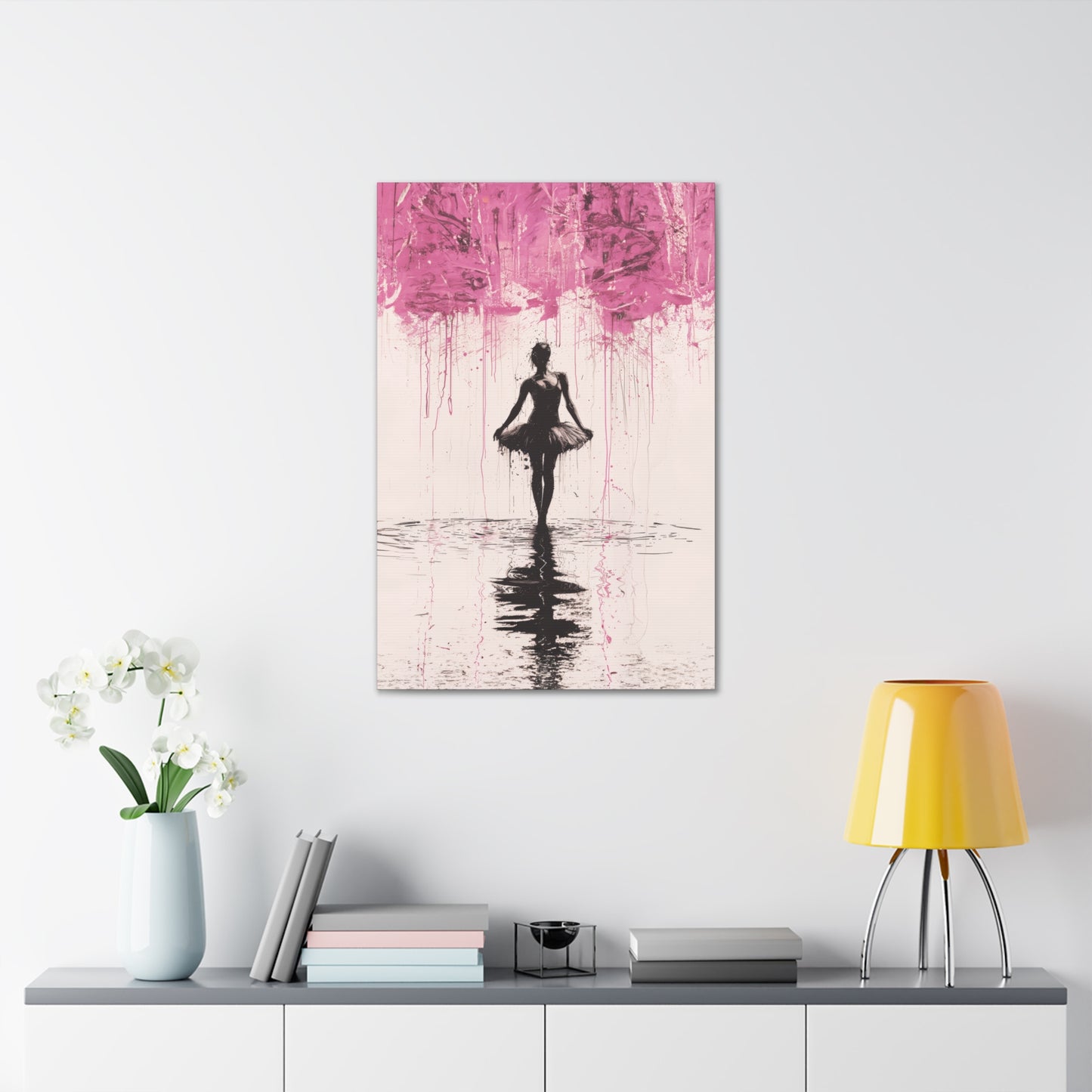 Dreamlike Reverie: Ballerina Dancing Amidst Pink Clouds and Gentle Rain Print on Canvas Gallery - 13 Sizes