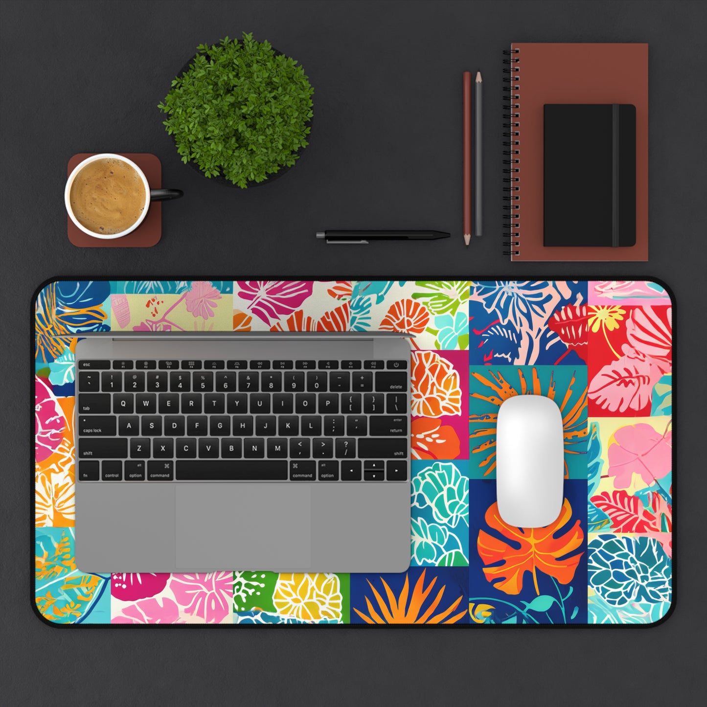 Vibrant Mosaic of Tropical Unique Shapes and Hues, from Vivid Oranges to Deep Blue Leaves and Flowers Extended Gaming Mouse Pad  Desk Mat  - 3 Sizes