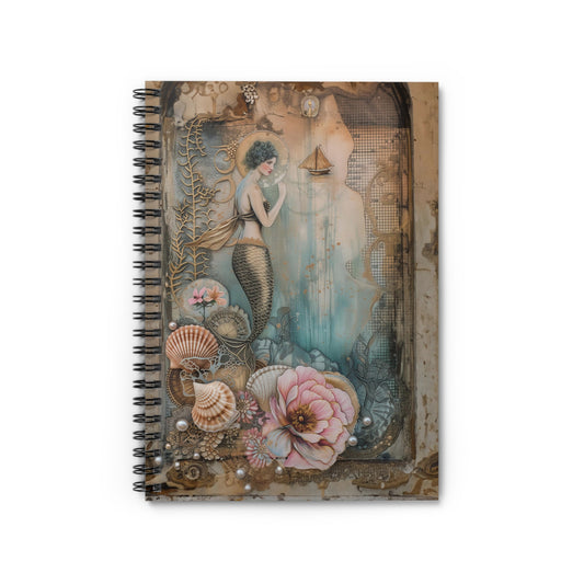 Vintage Nautical Mermaid Sea Shells with Sailboat in Ocean - Spiral Notebook Ruled Line 6"x8"