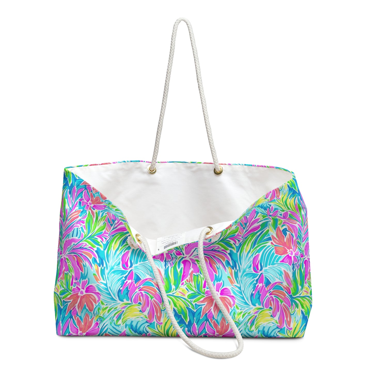 Neon Tropics: Vibrant Rainbow Flowers and Palm Leaves in Electric Splendor Oversized Weekender Bag