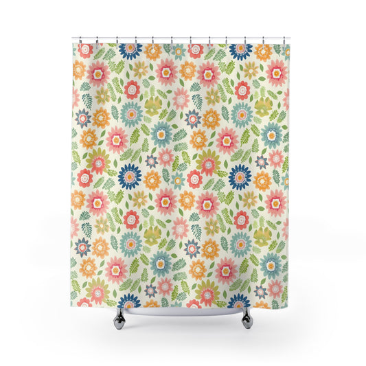 Pink, Green and Blue Flower Design Bathroom Shower Curtain   71" × 74"