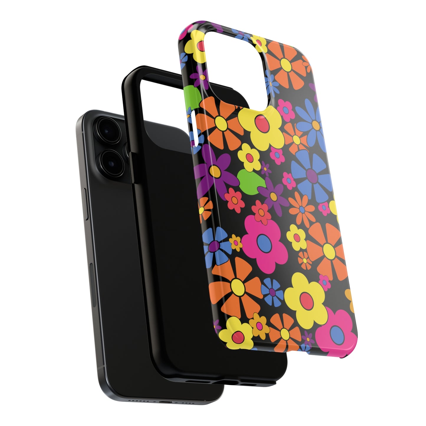 Flower Power Design on Black Background Iphone Tough Phone Case