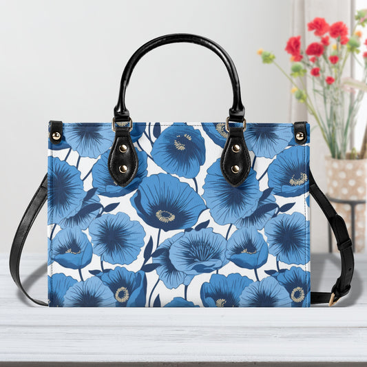 Vivid Blooms Bright Blue Poppies Design Leather Handbag (PU) - 3 Sizes