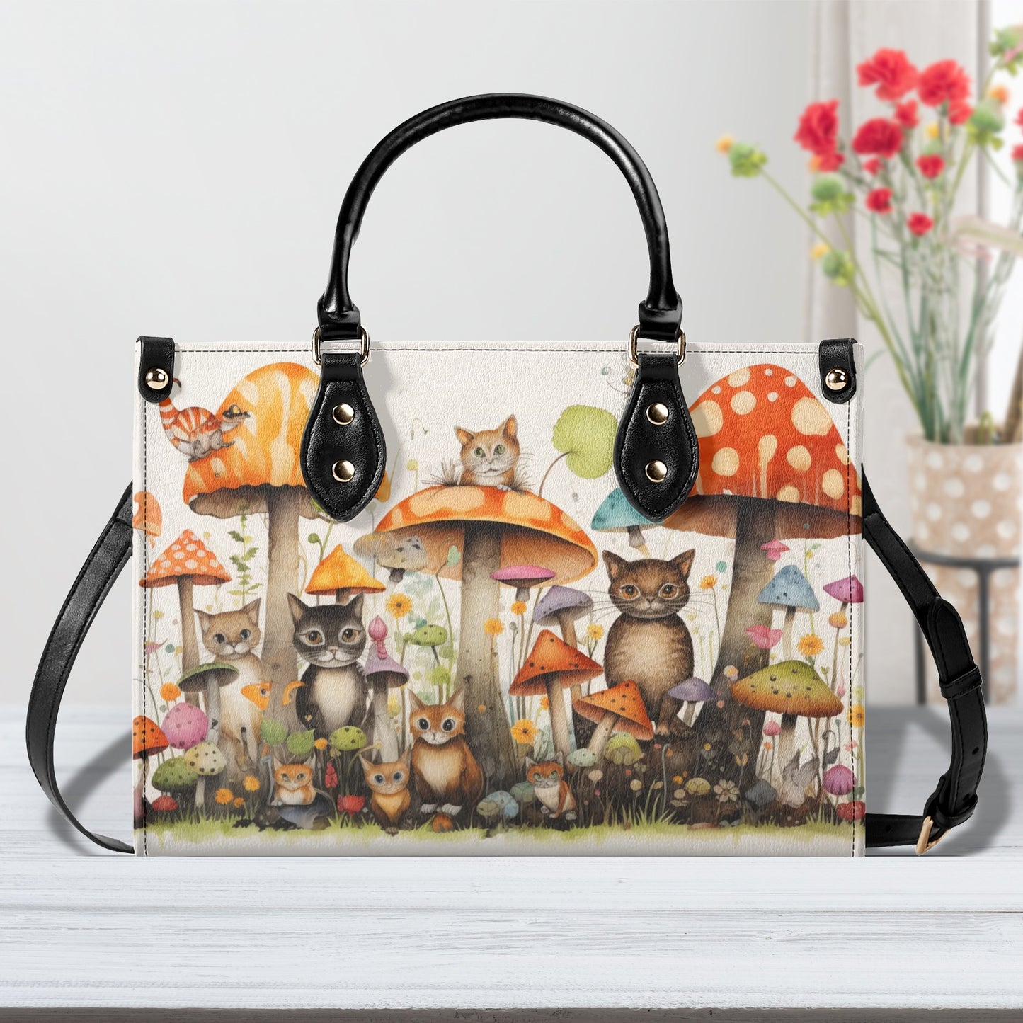 Cats Lounging in a Tranquil Mushroom and Flower Garden Leather Handbag (PU) - 3 Sizes