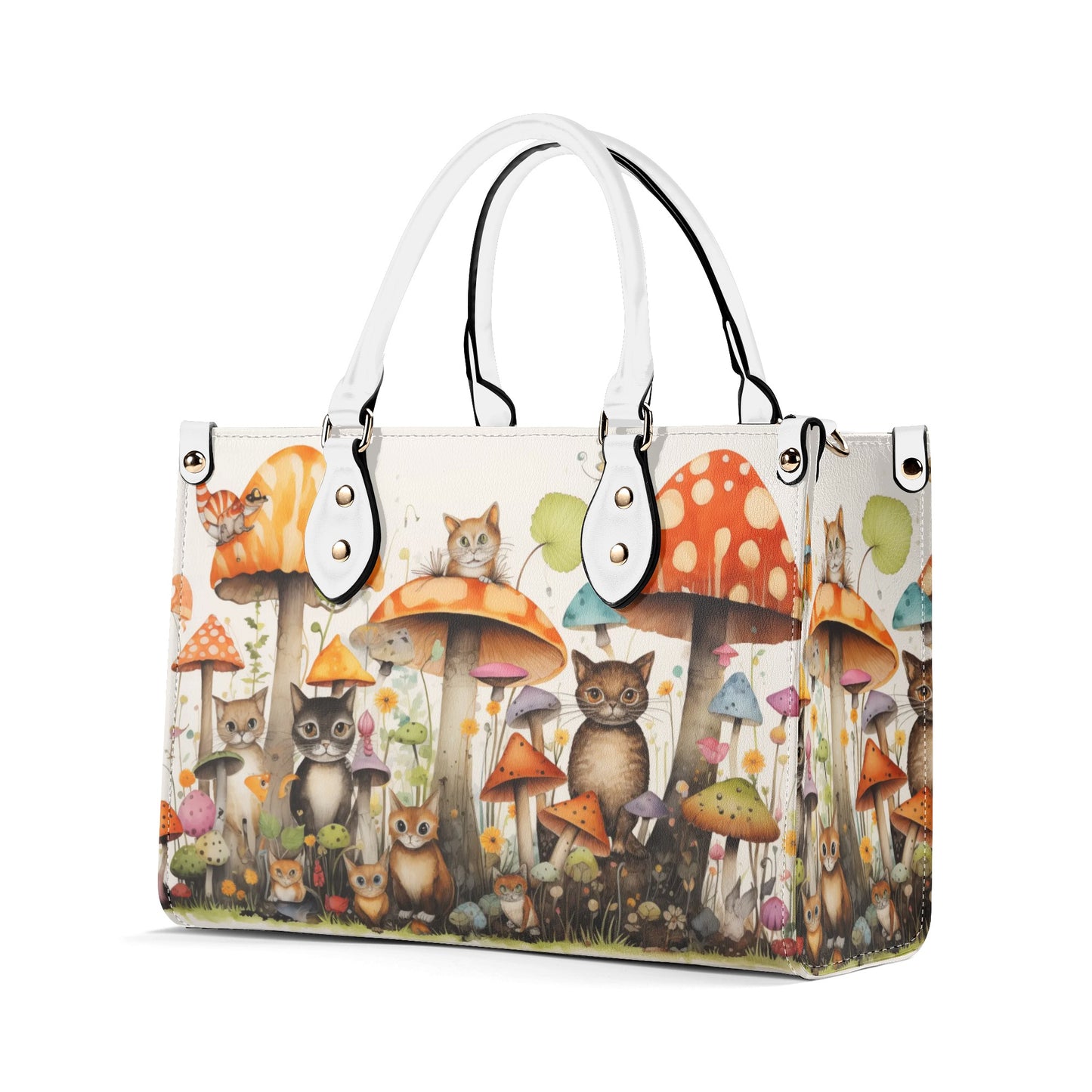 Cats Lounging in a Tranquil Mushroom and Flower Garden Leather Handbag (PU) - 3 Sizes