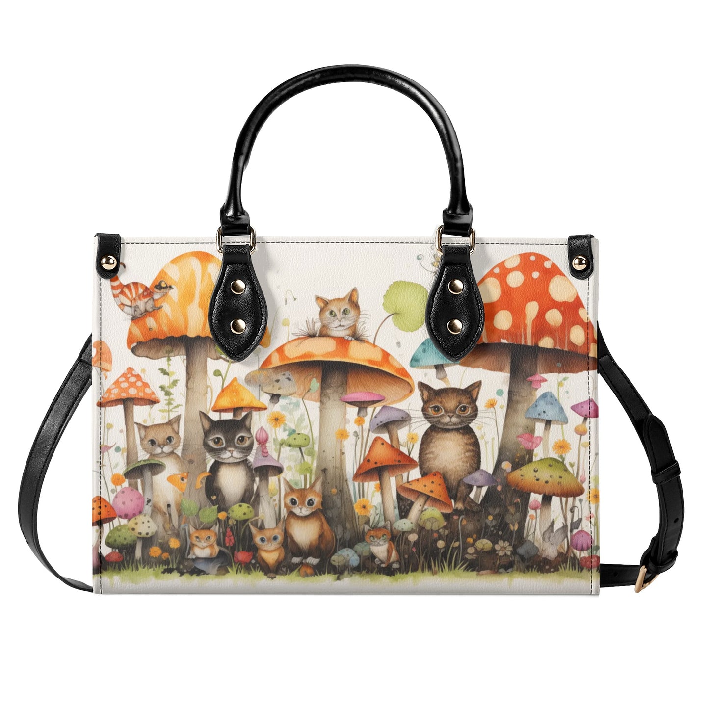 Cats Lounging in a Tranquil Mushroom and Flower Garden Leather Handbag (PU) - 3 Sizes