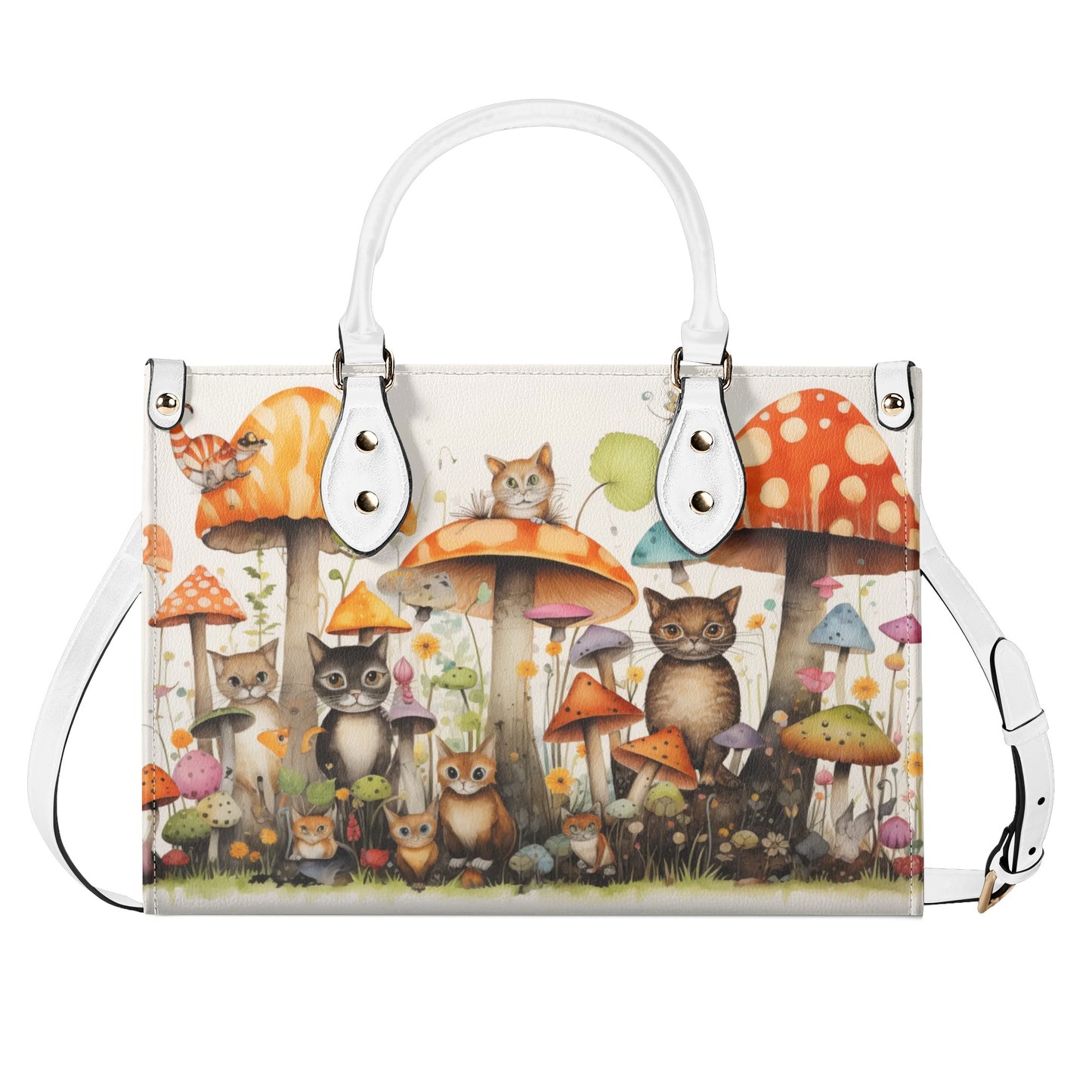 Cats Lounging in a Tranquil Mushroom and Flower Garden Leather Handbag (PU) - 3 Sizes