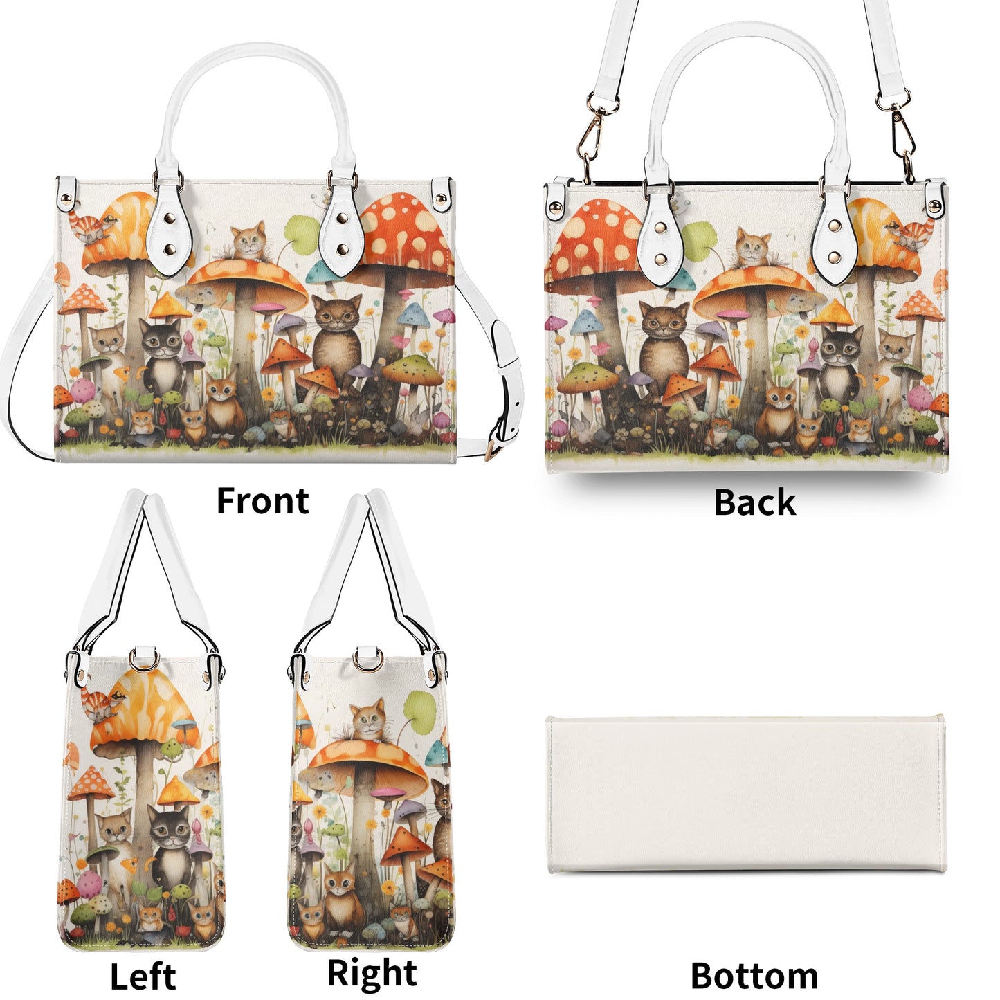 Cats Lounging in a Tranquil Mushroom and Flower Garden Leather Handbag (PU) - 3 Sizes