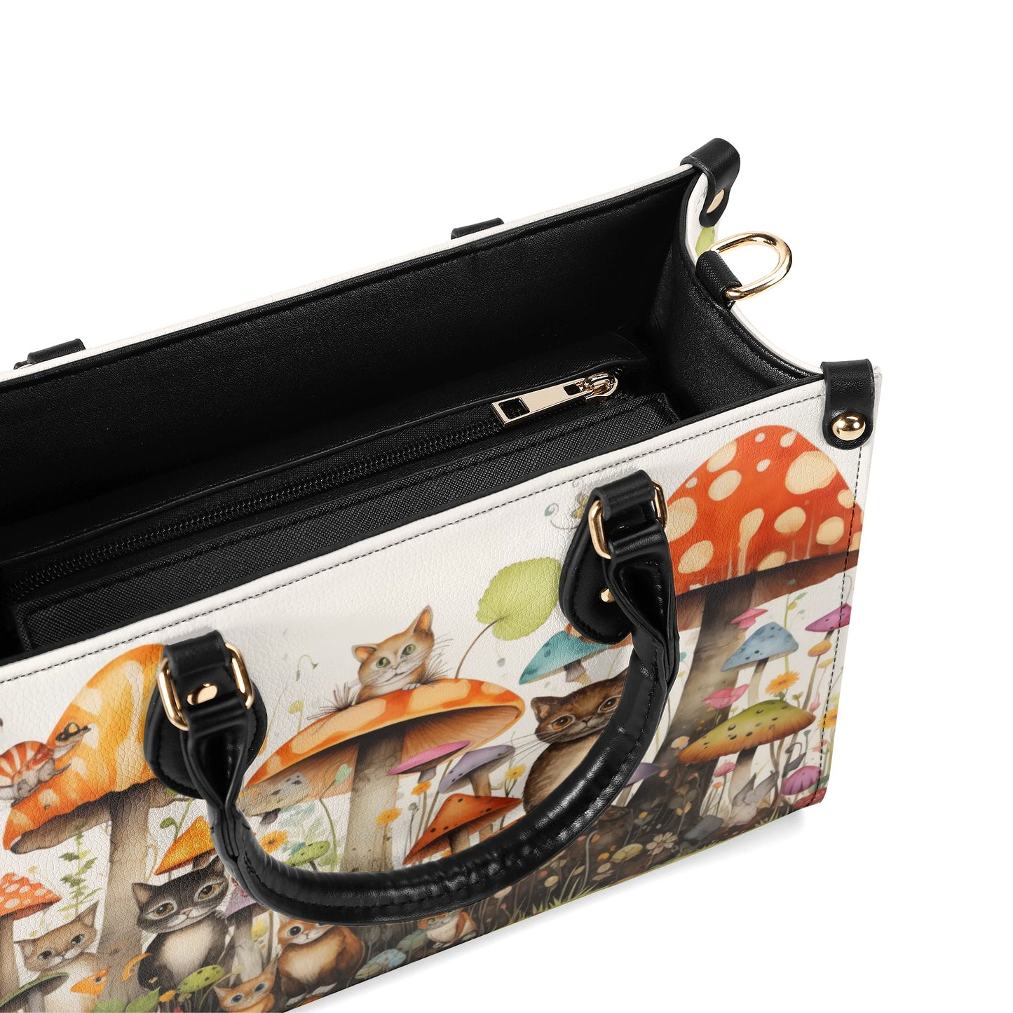 Cats Lounging in a Tranquil Mushroom and Flower Garden Leather Handbag (PU) - 3 Sizes