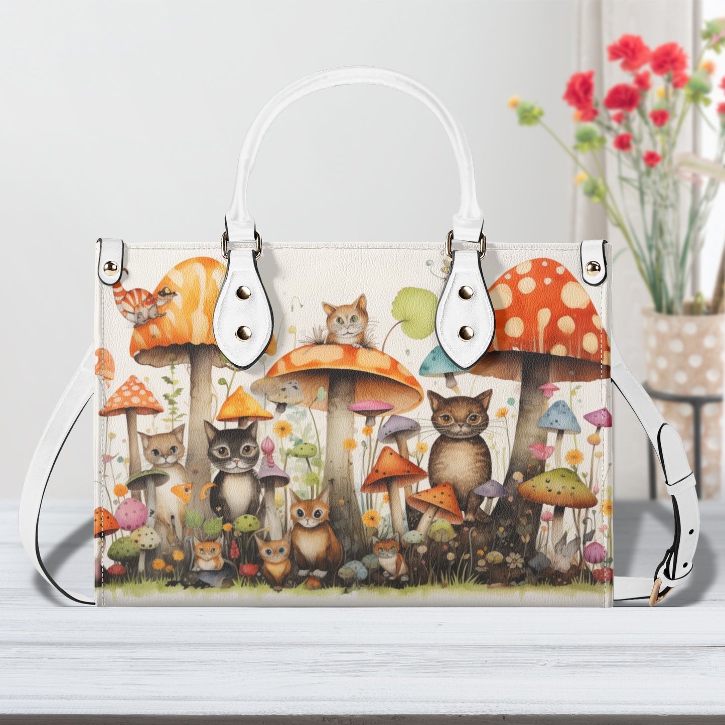 Cats Lounging in a Tranquil Mushroom and Flower Garden Leather Handbag (PU) - 3 Sizes