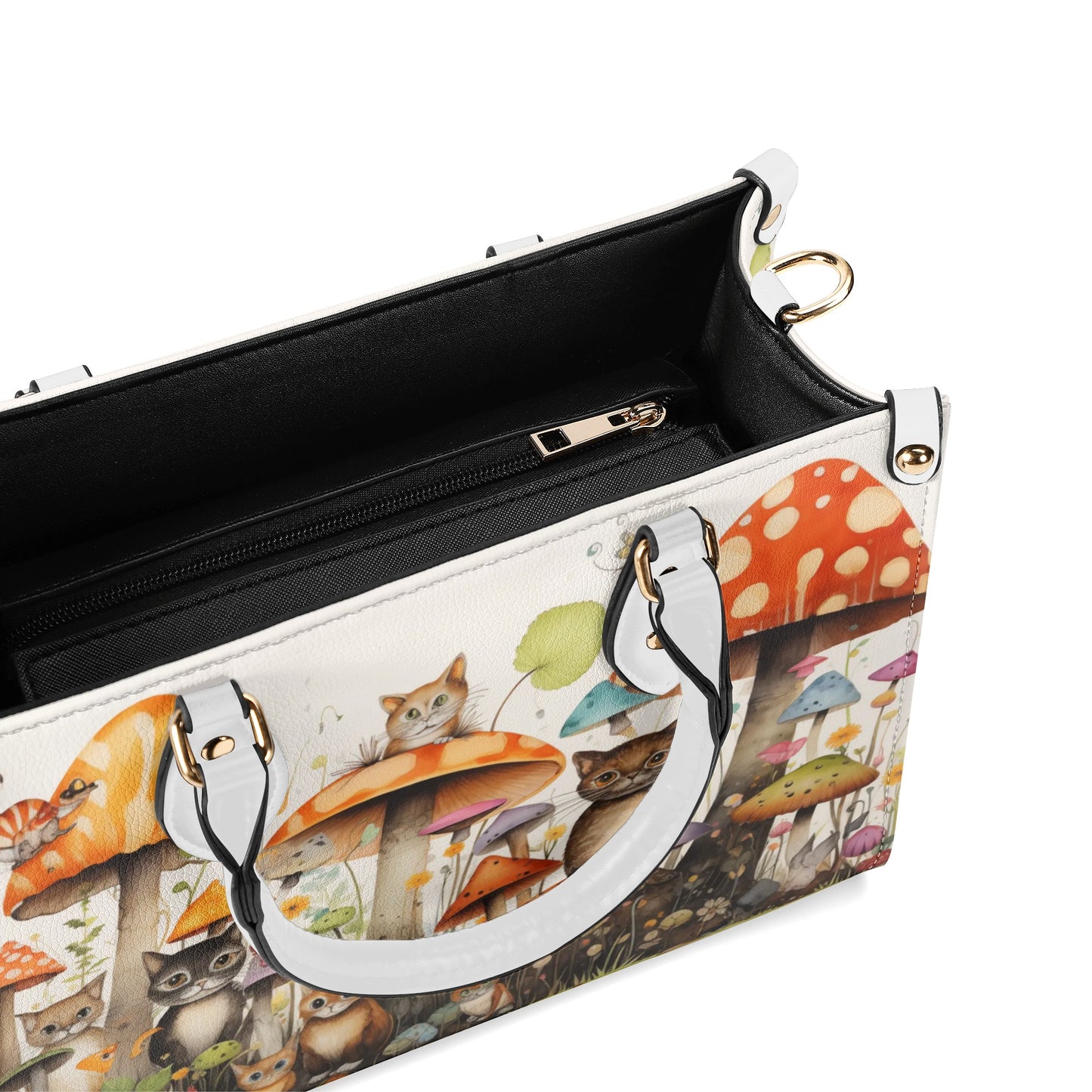 Cats Lounging in a Tranquil Mushroom and Flower Garden Leather Handbag (PU) - 3 Sizes