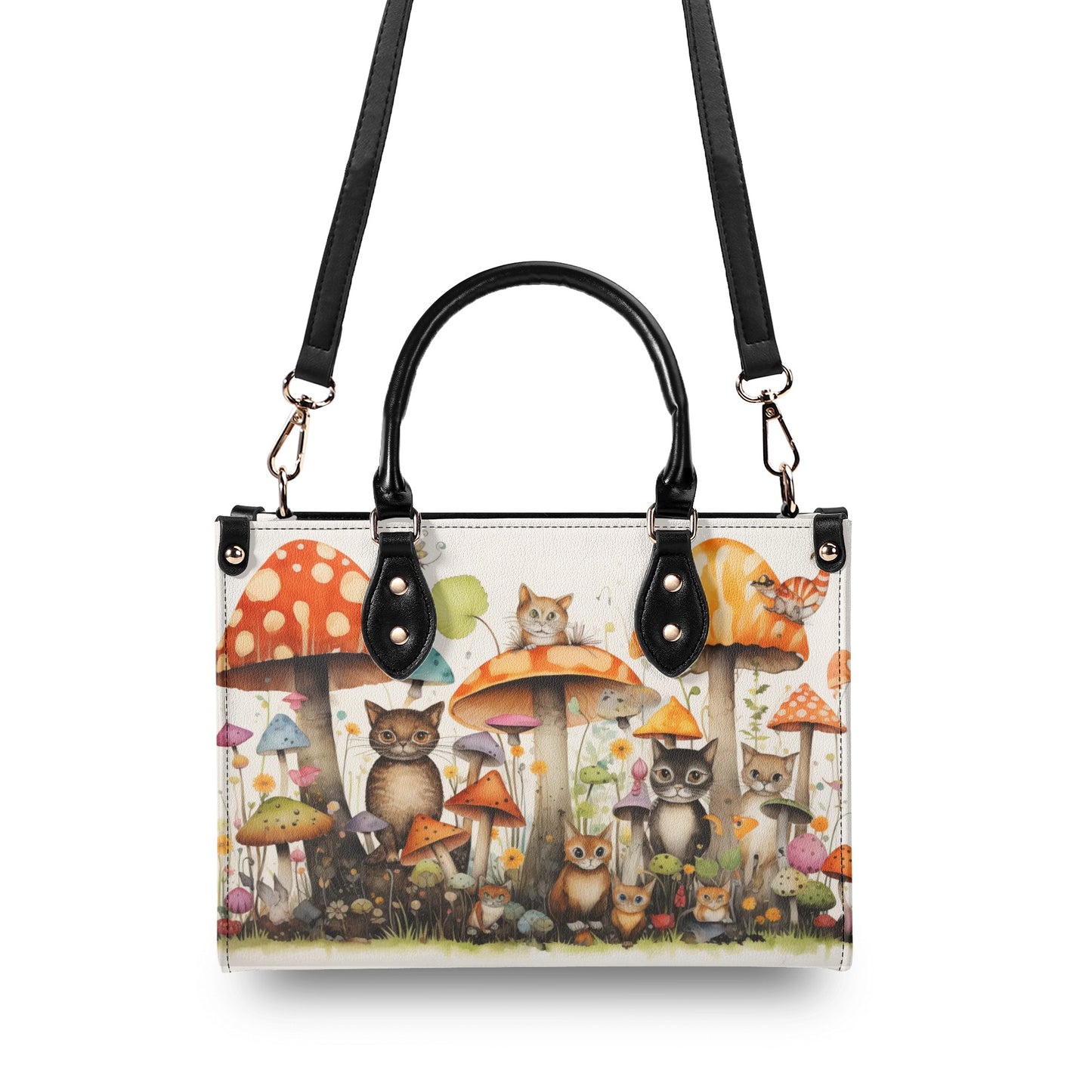 Cats Lounging in a Tranquil Mushroom and Flower Garden Leather Handbag (PU) - 3 Sizes