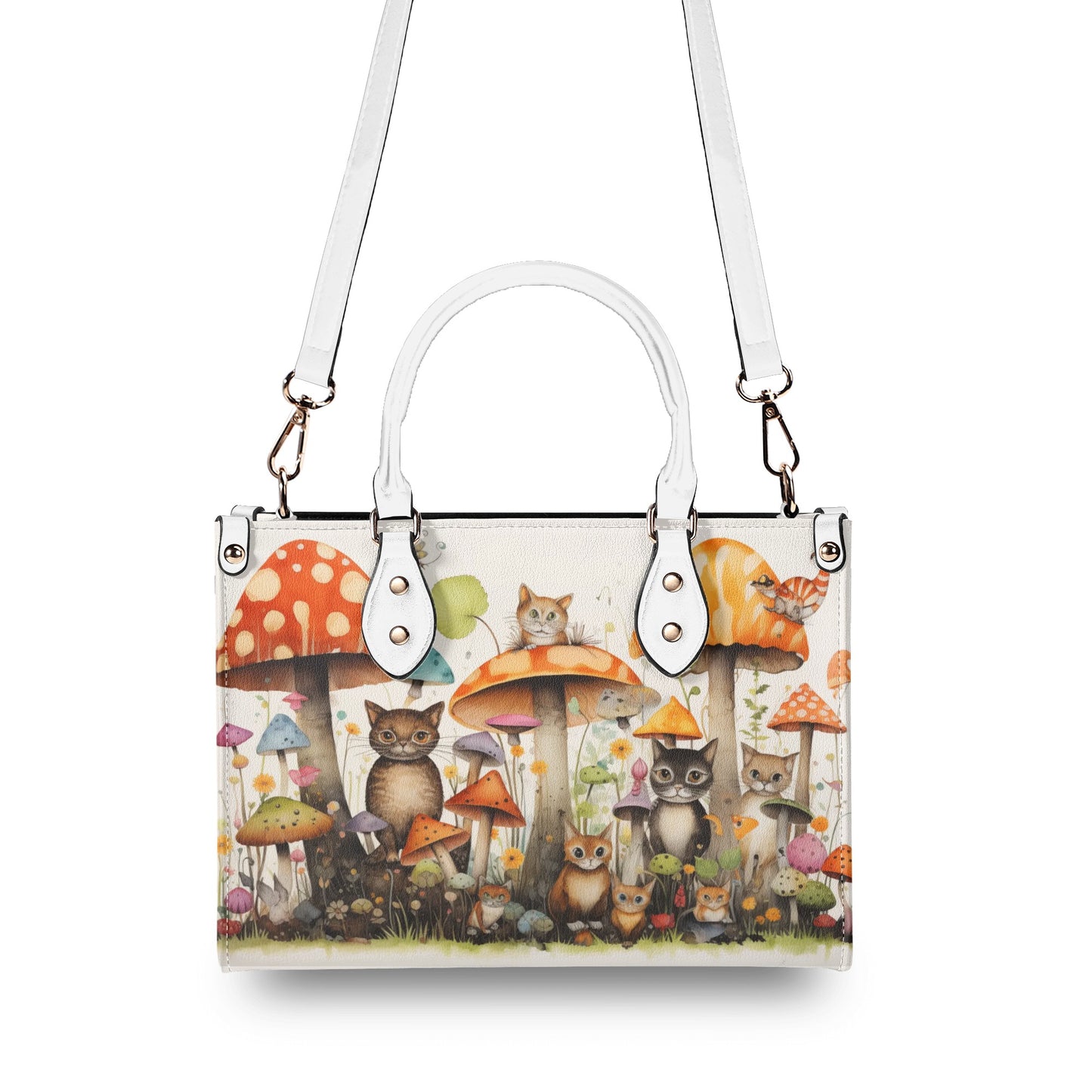 Cats Lounging in a Tranquil Mushroom and Flower Garden Leather Handbag (PU) - 3 Sizes