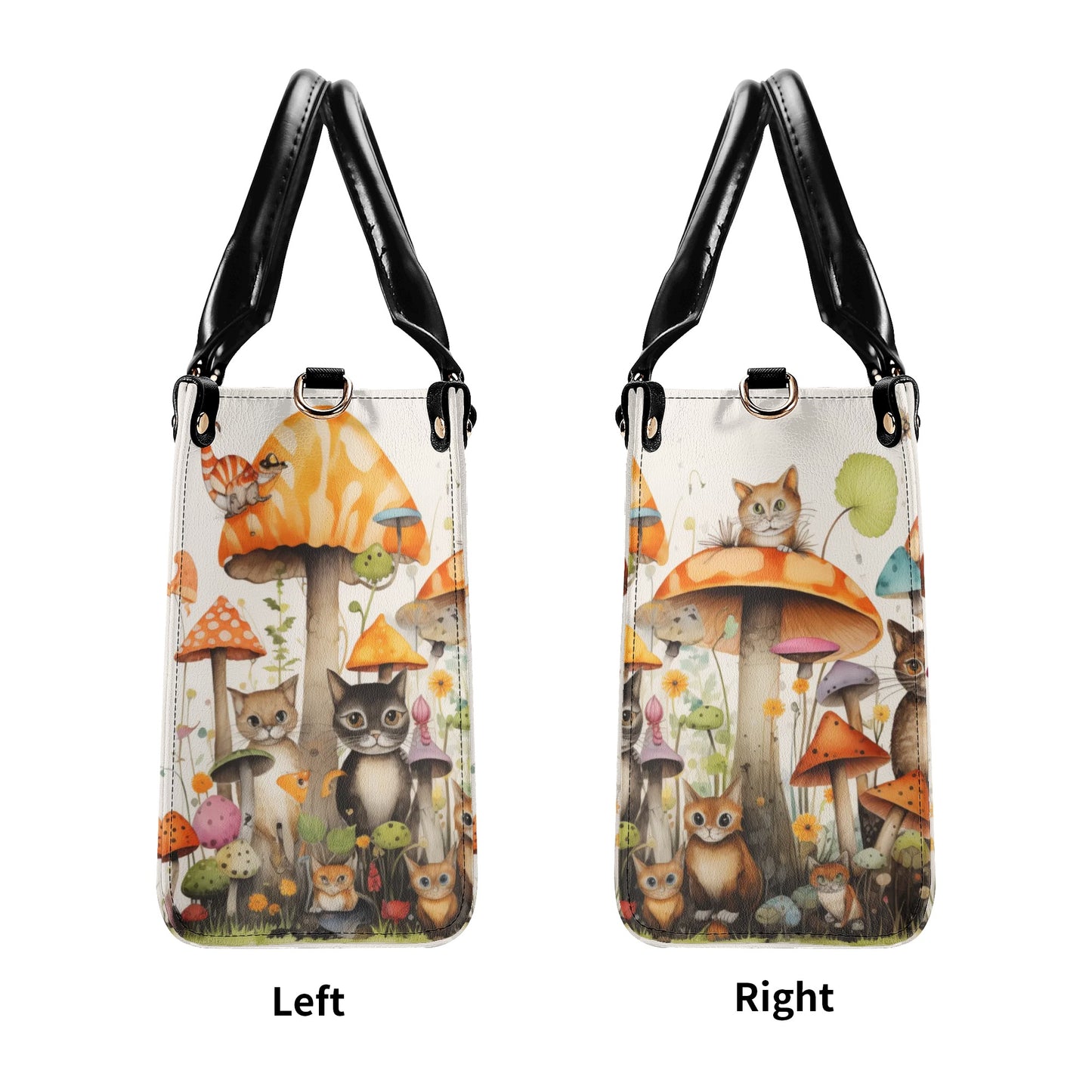 Cats Lounging in a Tranquil Mushroom and Flower Garden Leather Handbag (PU) - 3 Sizes