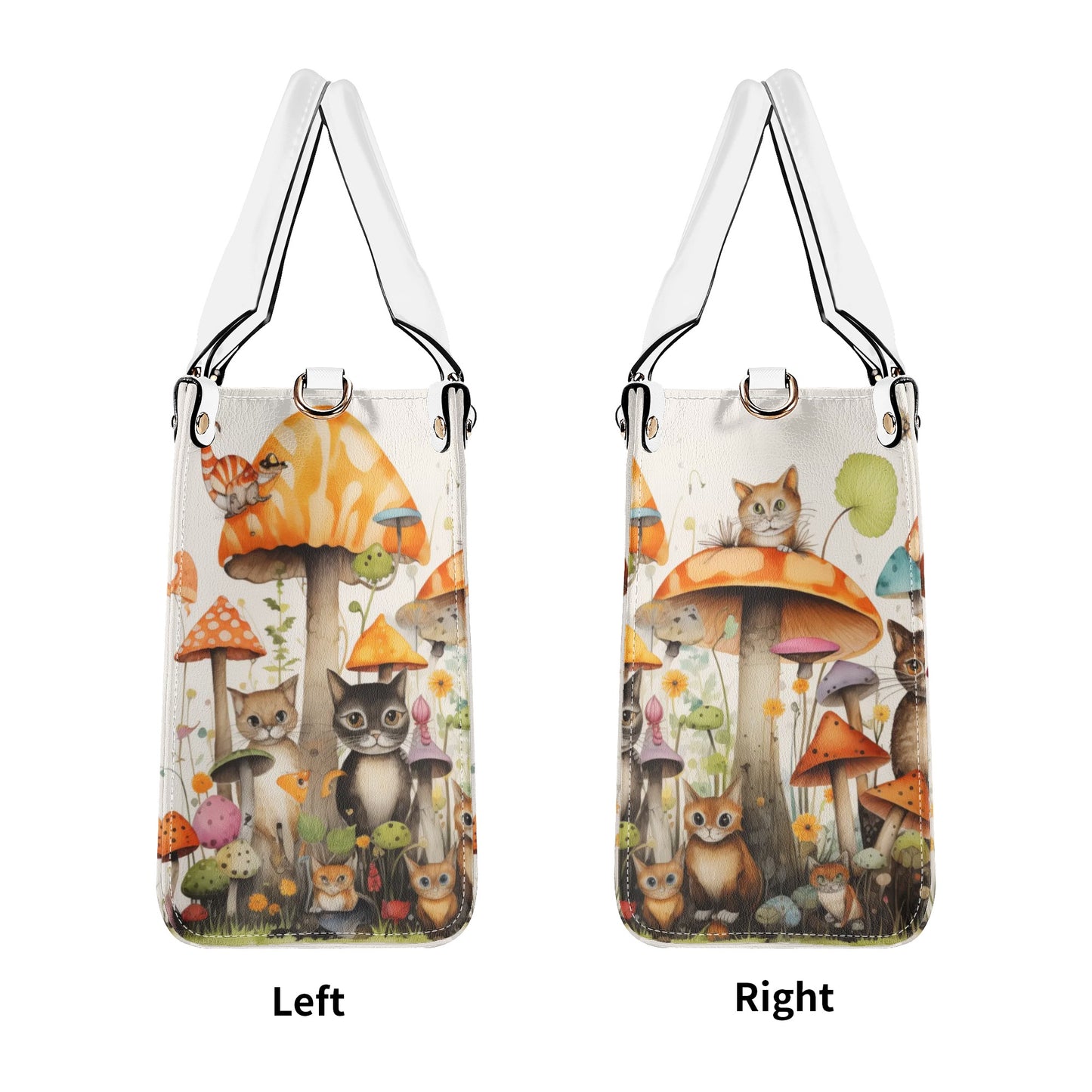 Cats Lounging in a Tranquil Mushroom and Flower Garden Leather Handbag (PU) - 3 Sizes