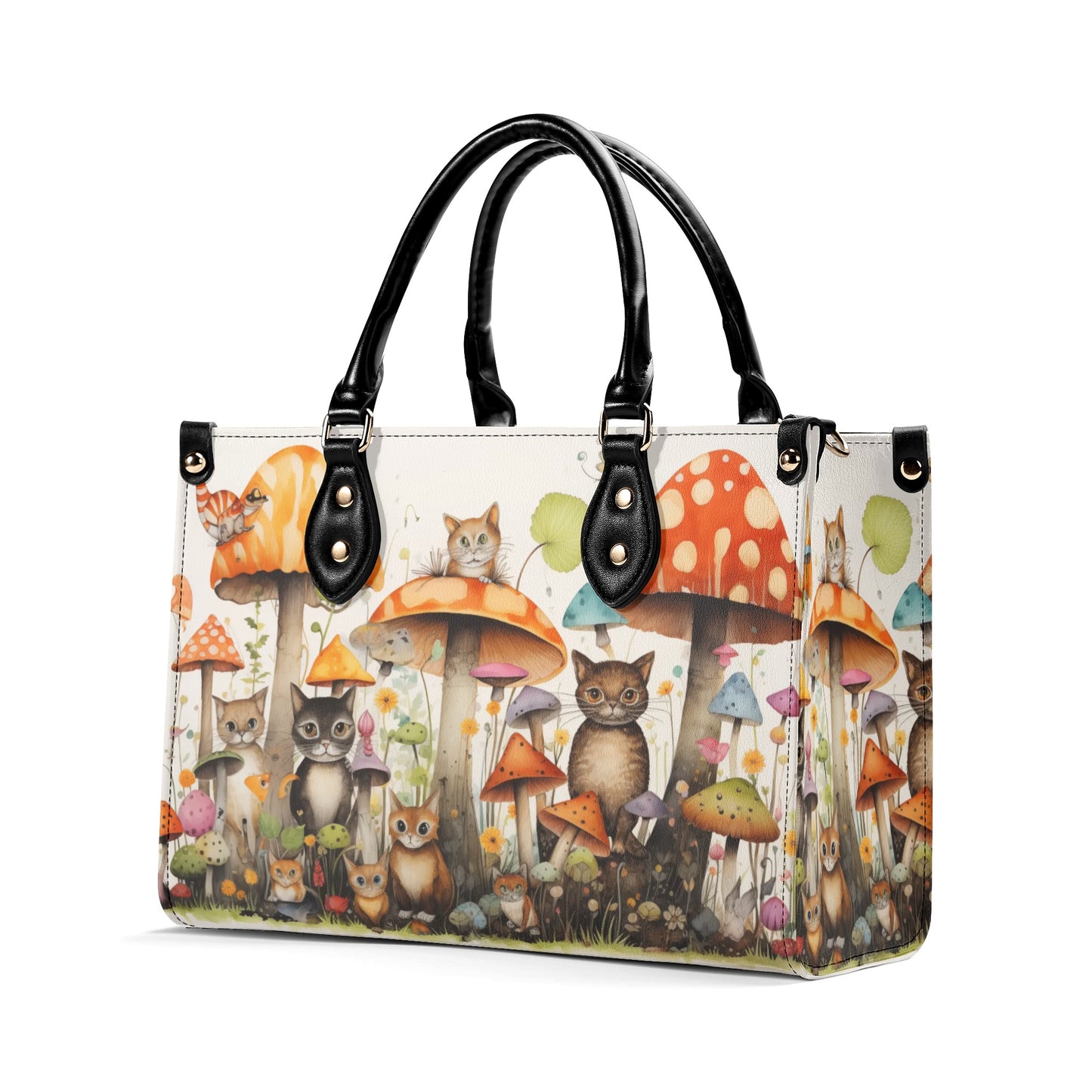 Cats Lounging in a Tranquil Mushroom and Flower Garden Leather Handbag (PU) - 3 Sizes