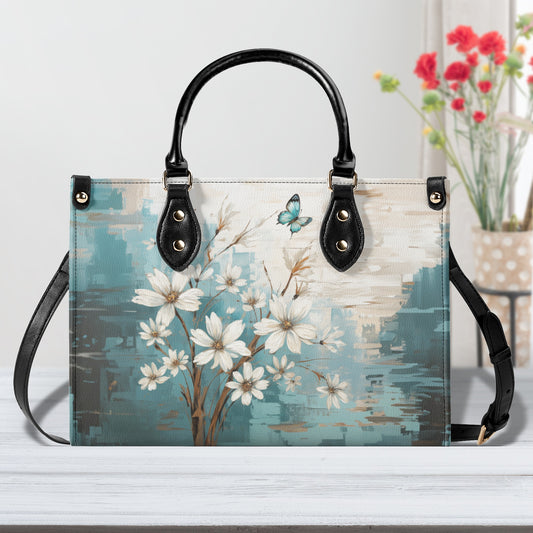 Rustic Farmhouse White and Teal Wild Daisies and Butterflies Leather Handbag (PU) - 3 Sizes