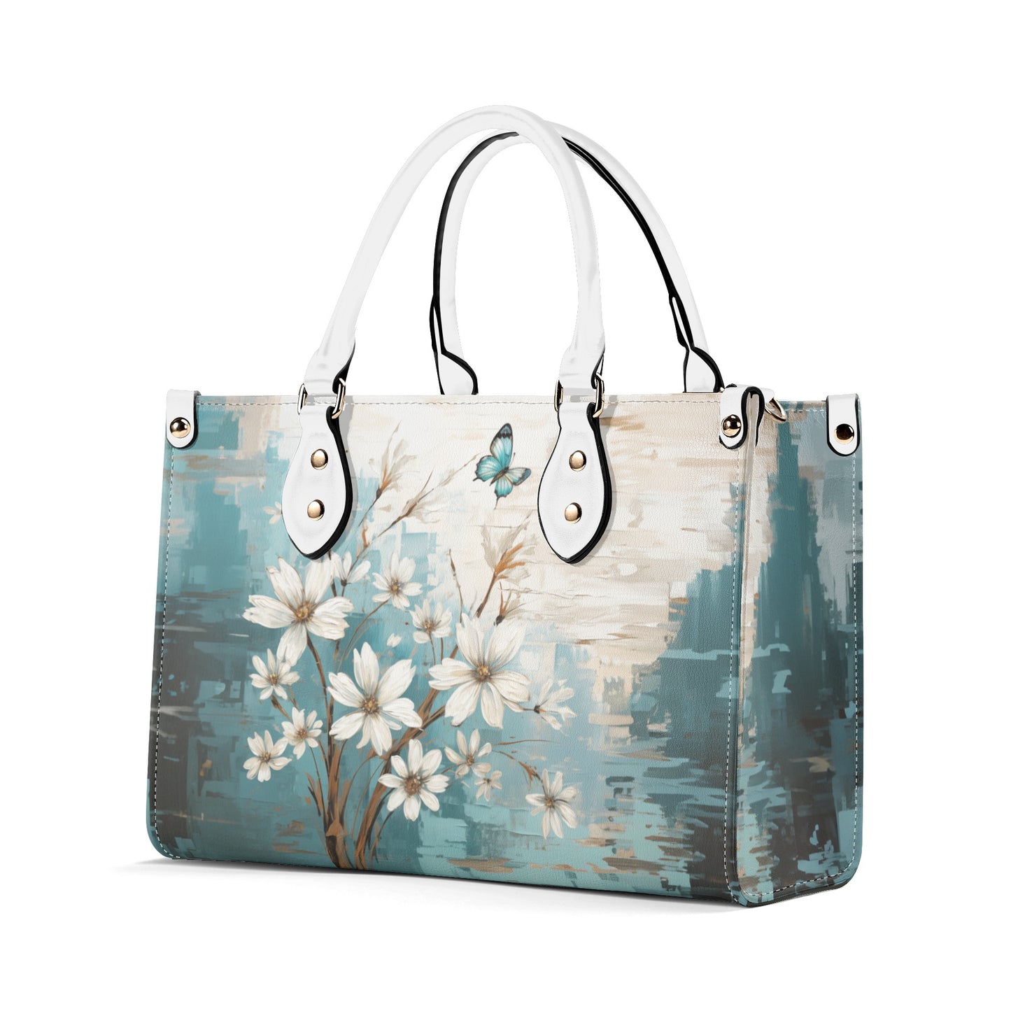 Rustic Farmhouse White and Teal Wild Daisies and Butterflies Leather Handbag (PU) - 3 Sizes