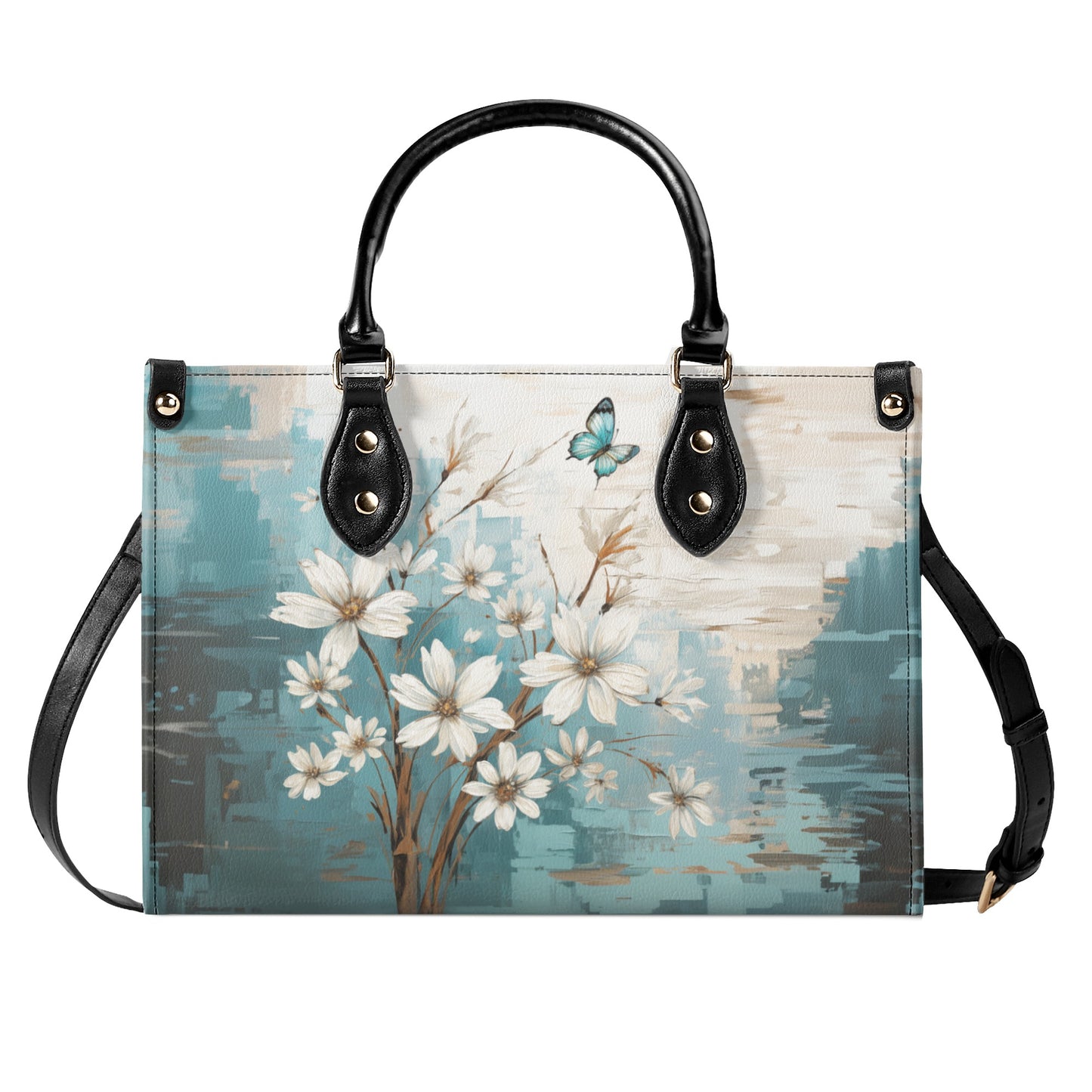 Rustic Farmhouse White and Teal Wild Daisies and Butterflies Leather Handbag (PU) - 3 Sizes