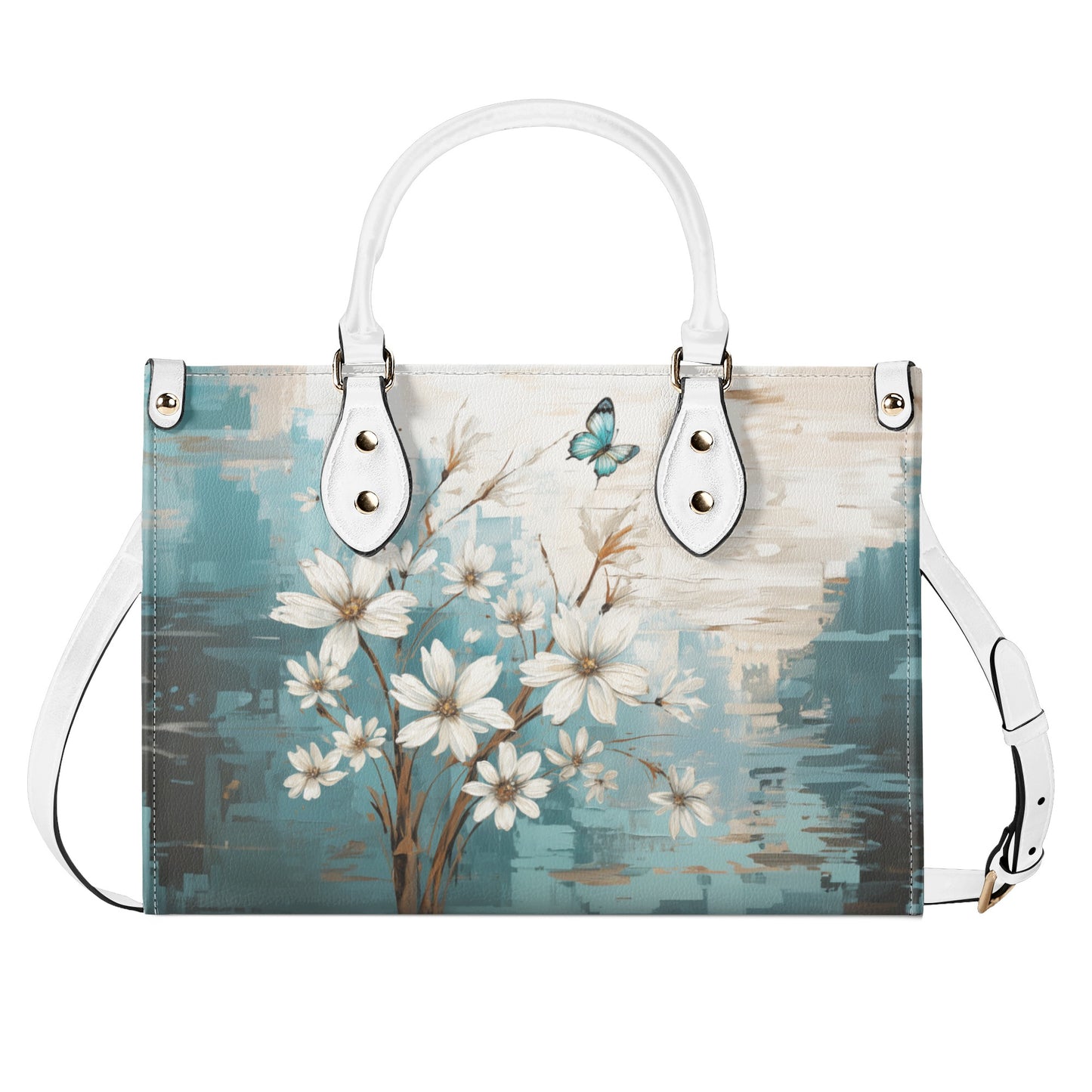 Rustic Farmhouse White and Teal Wild Daisies and Butterflies Leather Handbag (PU) - 3 Sizes