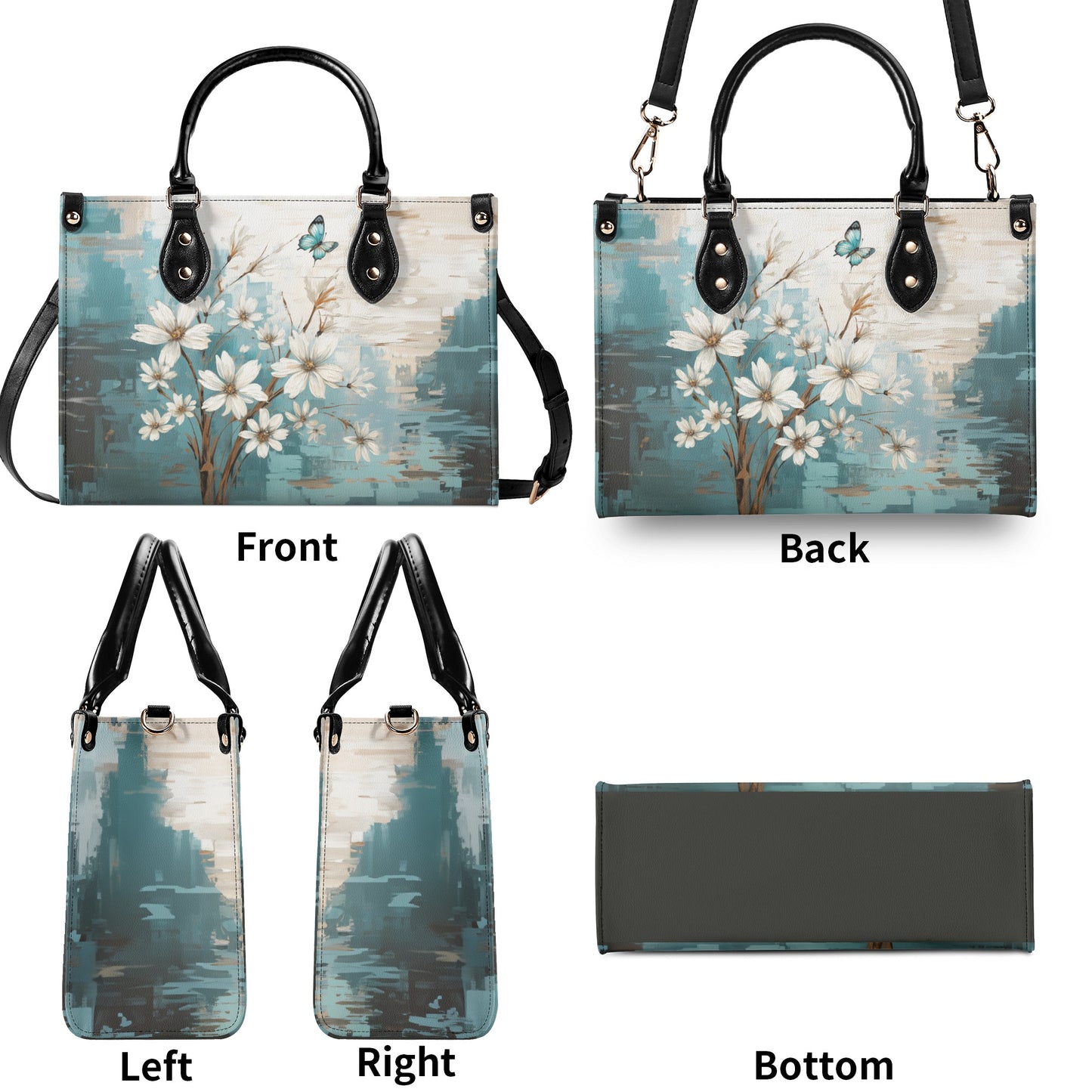 Rustic Farmhouse White and Teal Wild Daisies and Butterflies Leather Handbag (PU) - 3 Sizes