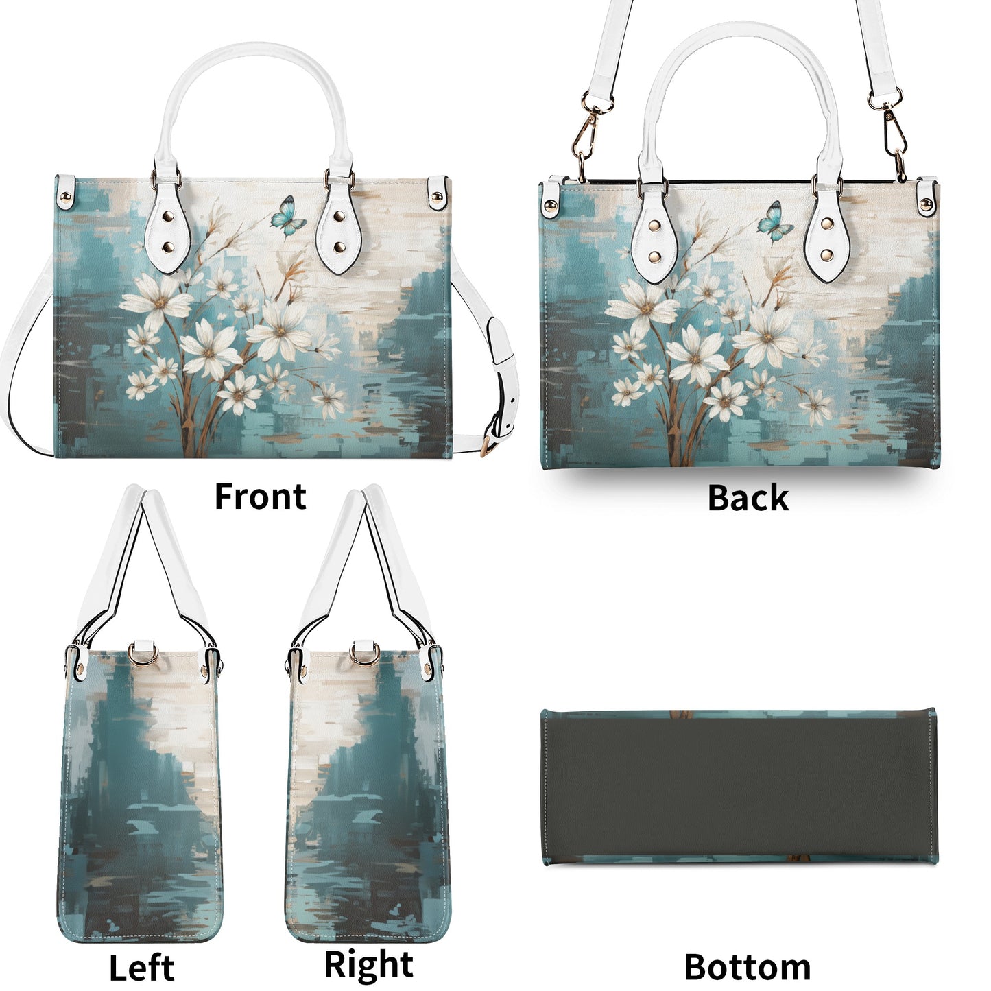 Rustic Farmhouse White and Teal Wild Daisies and Butterflies Leather Handbag (PU) - 3 Sizes