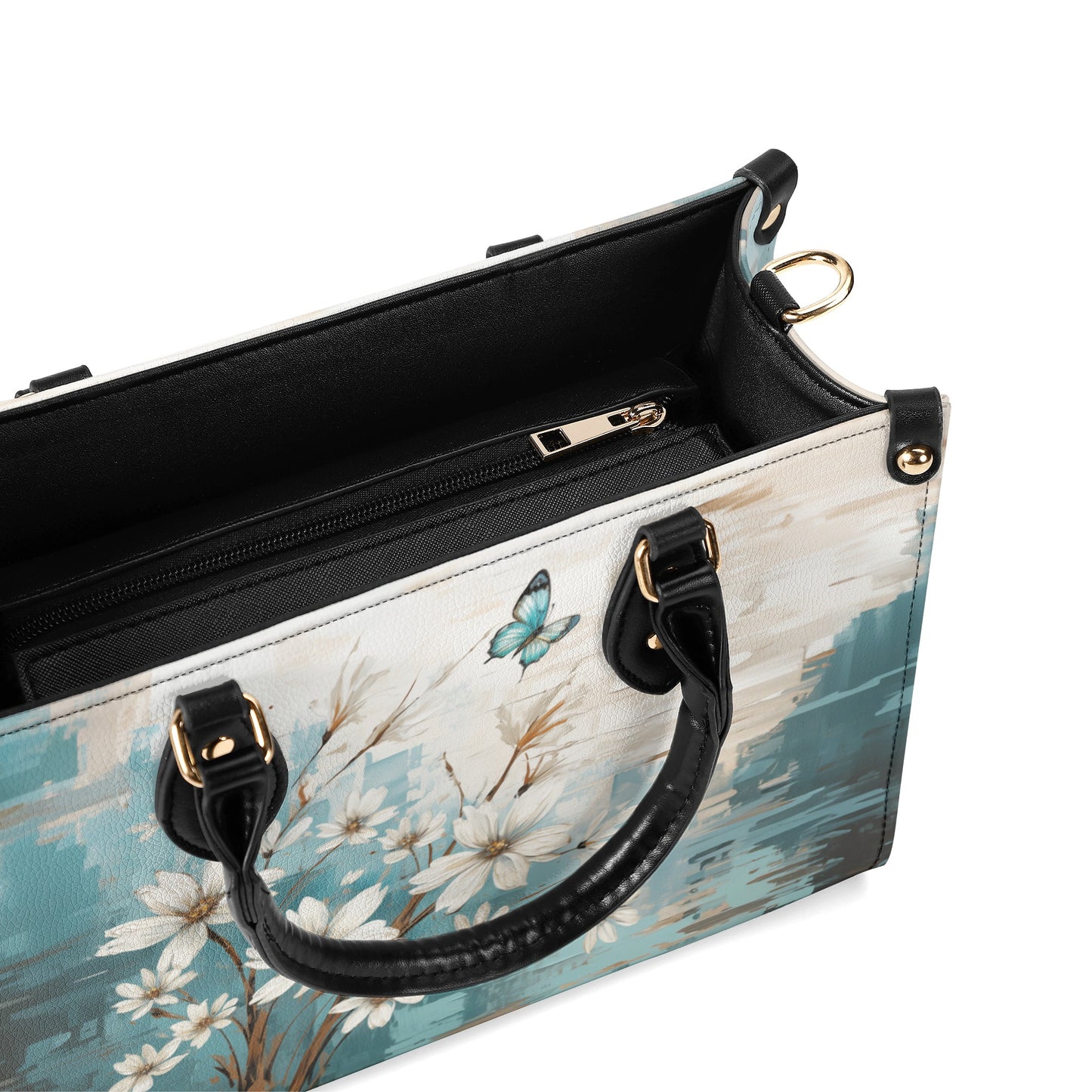 Rustic Farmhouse White and Teal Wild Daisies and Butterflies Leather Handbag (PU) - 3 Sizes