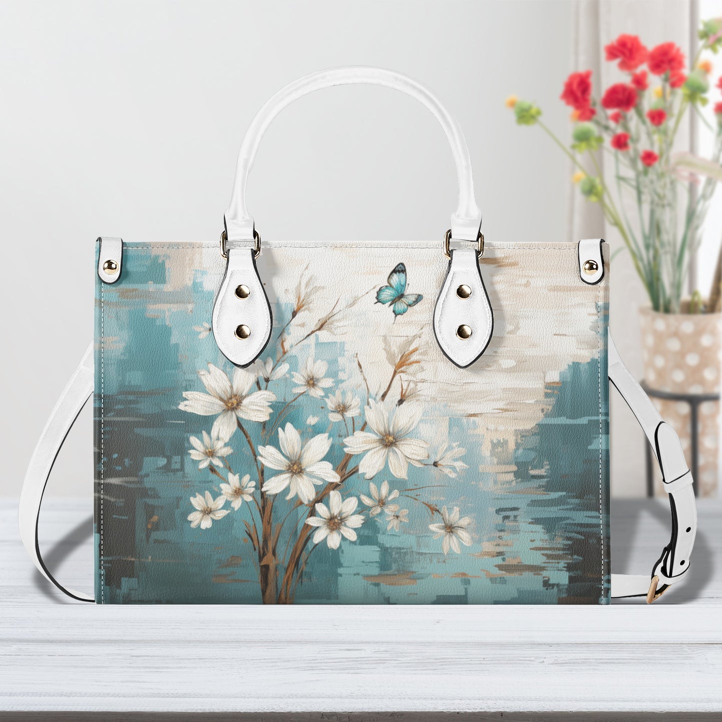 Rustic Farmhouse White and Teal Wild Daisies and Butterflies Leather Handbag (PU) - 3 Sizes