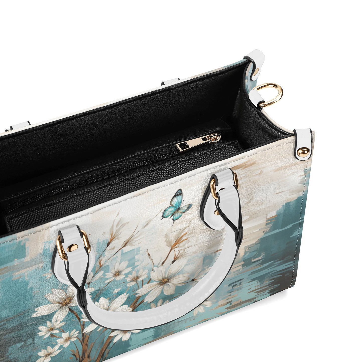 Rustic Farmhouse White and Teal Wild Daisies and Butterflies Leather Handbag (PU) - 3 Sizes