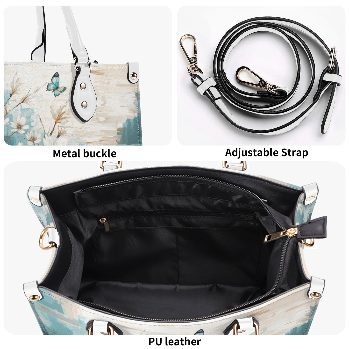 Rustic Farmhouse White and Teal Wild Daisies and Butterflies Leather Handbag (PU) - 3 Sizes